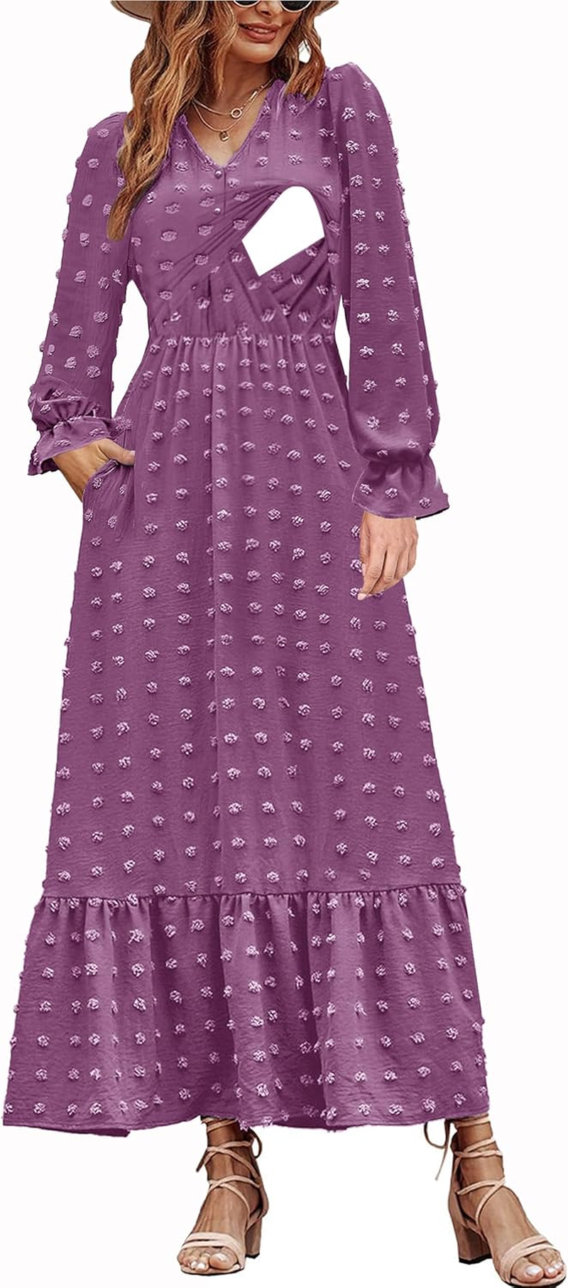 Women Nursing Boho Maxi Dress 2024 V Neck Swiss Dot Smocked High Waisted A-Line Ruffle Tiered Long Dress with Pockets
