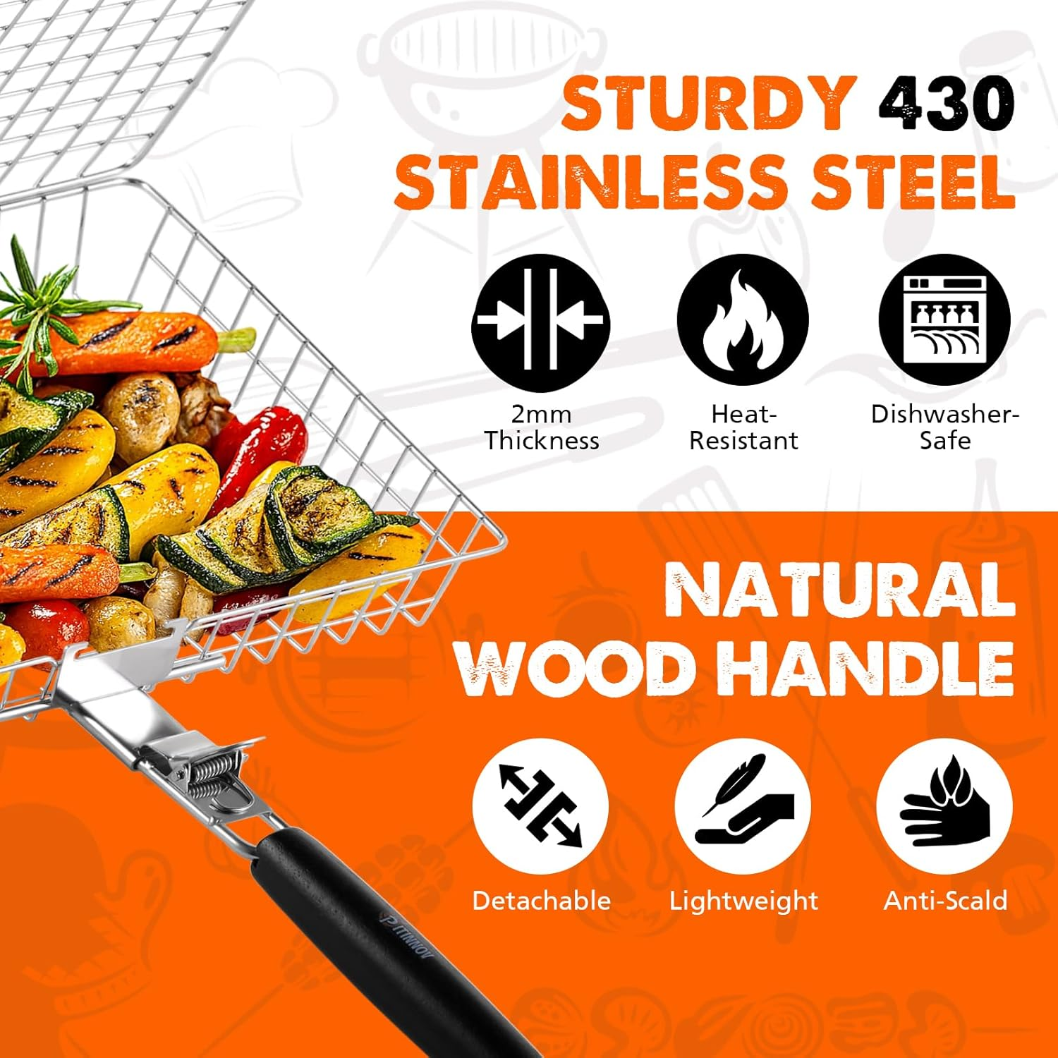 Grill Basket Set, 2Pcs BBQ Grilling Baskets for Outdoor Grill with Removable Handle, Stainless Steel Camping Cooking Grill Accessories for Chicken, Fish, Vegetable, Steak Etc image number 1