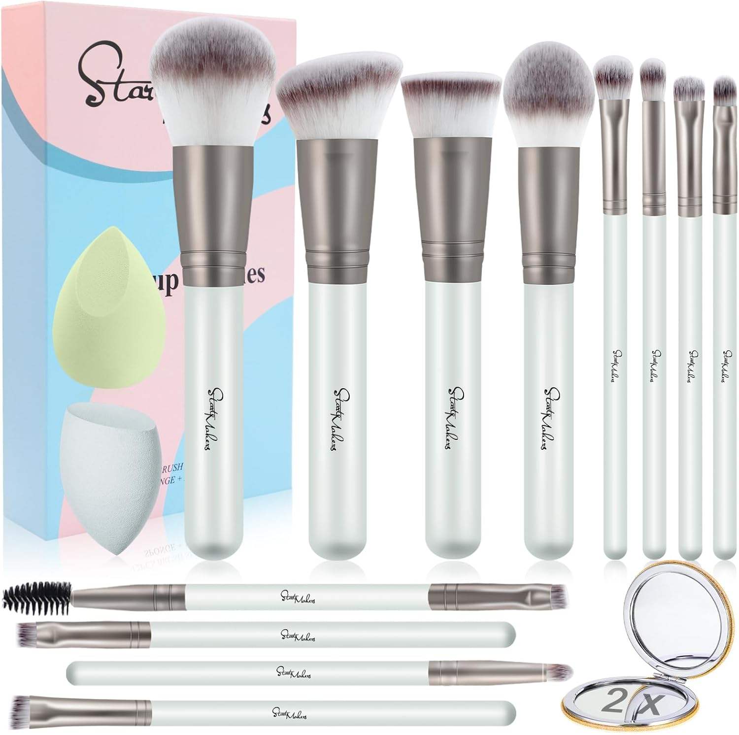 Start Makers Makeup Brushes 15Pcs Makeup Brush Set with Premium Foundation Brush Powder Concealer Eyeshadow Blush Make up Brushes Kit Includes 2 Blender Sponges and Mirror Gray, Blue