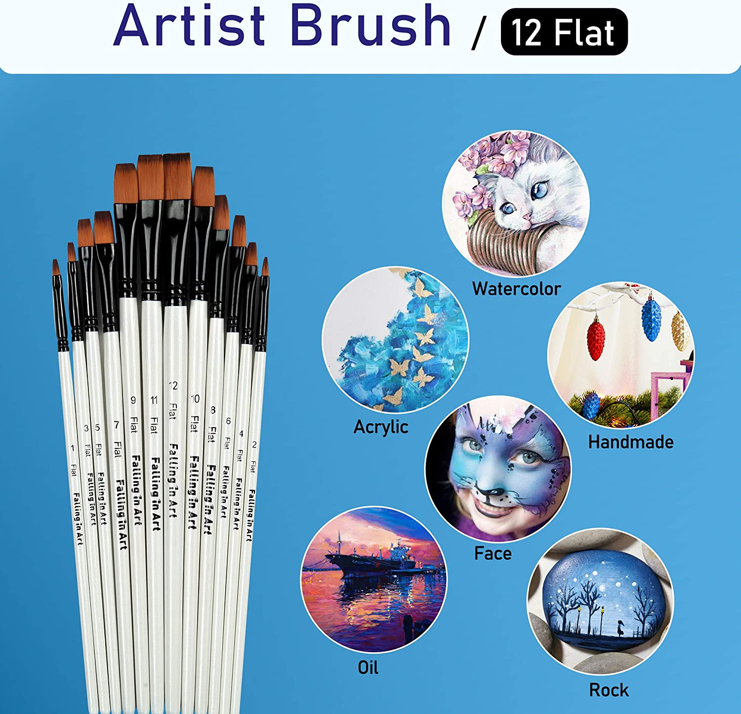 Falling in Art Paint Brushes Set, 12 PCS Nylon Professional Flat Paint Brushes for Watercolor, Oil Painting, Acrylic, Face Body Nail Art, Crafts, Rock Painting image number 3