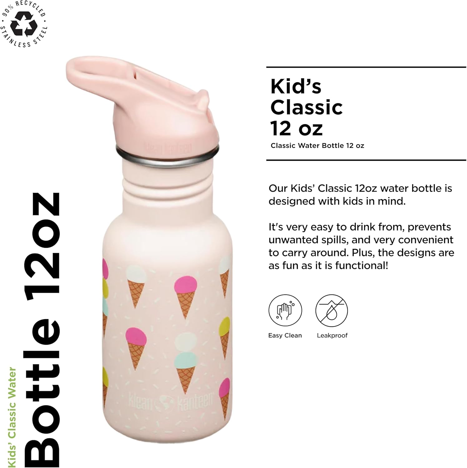 Klean Kanteen Classic Kid'S Water Bottle with Flip Seal Sport Cap Ice Cream, 12 Oz (355 Ml) Capacity image number 4