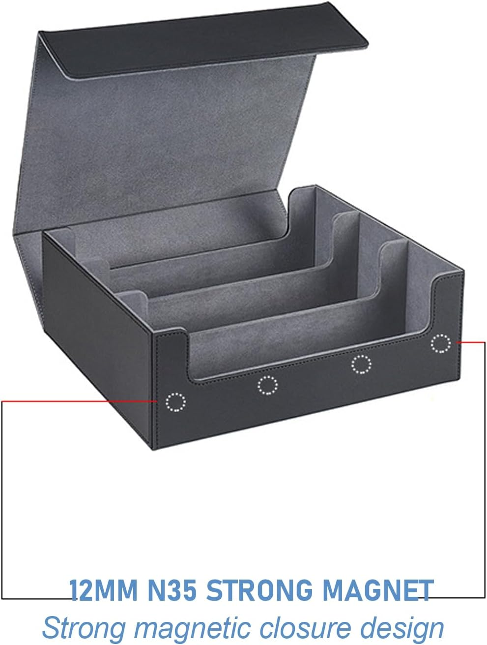 Card Deck Case for Trading Cards 1800+, PU Leather Magnetic Closure Card Storage Box Game Card Case, for Game, Sport Cards (Black Shell with Grey Lining) - Black Shell With Grey Lining image number 4