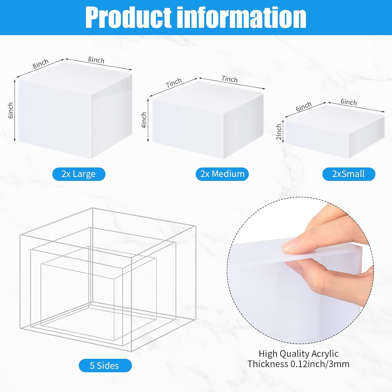 Tuanse 6 Pcs Buffet Risers, Food Risers for Buffet Table, Display Stand for Catering Dessert Collectibles Jewelry Figures Show, 5 Sided Acrylic Cube Display Organizer Nesting Risers(White) image number 4