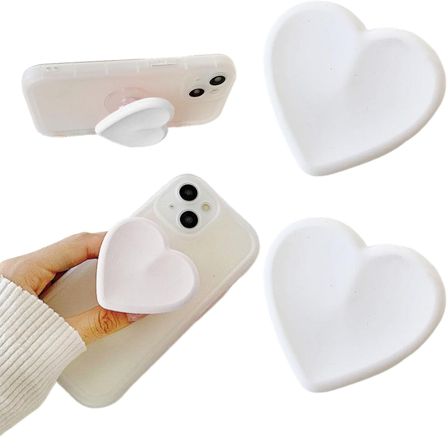 2PCS Heart-Shaped Silicone Mobile Phone Grip Stand,Zakora Collapsible Cellphone Finger Grip Holder for Smartphone Tablet Cell Phone Accessory (White)