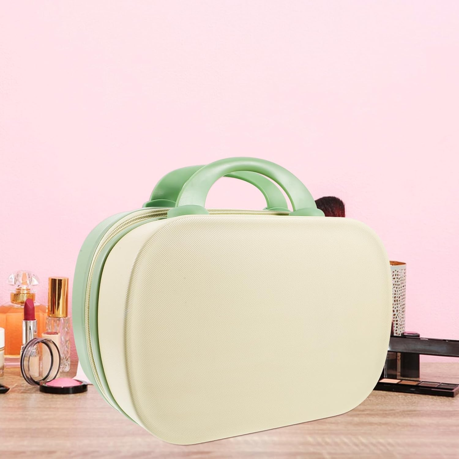 BAZEITFLOW Portable 14-Inch Hard Makeup Case Travel Cosmetic Organizer Box with Dual-Color Yellow and Green Design Lightweight Makeup Storage for Women image number 6