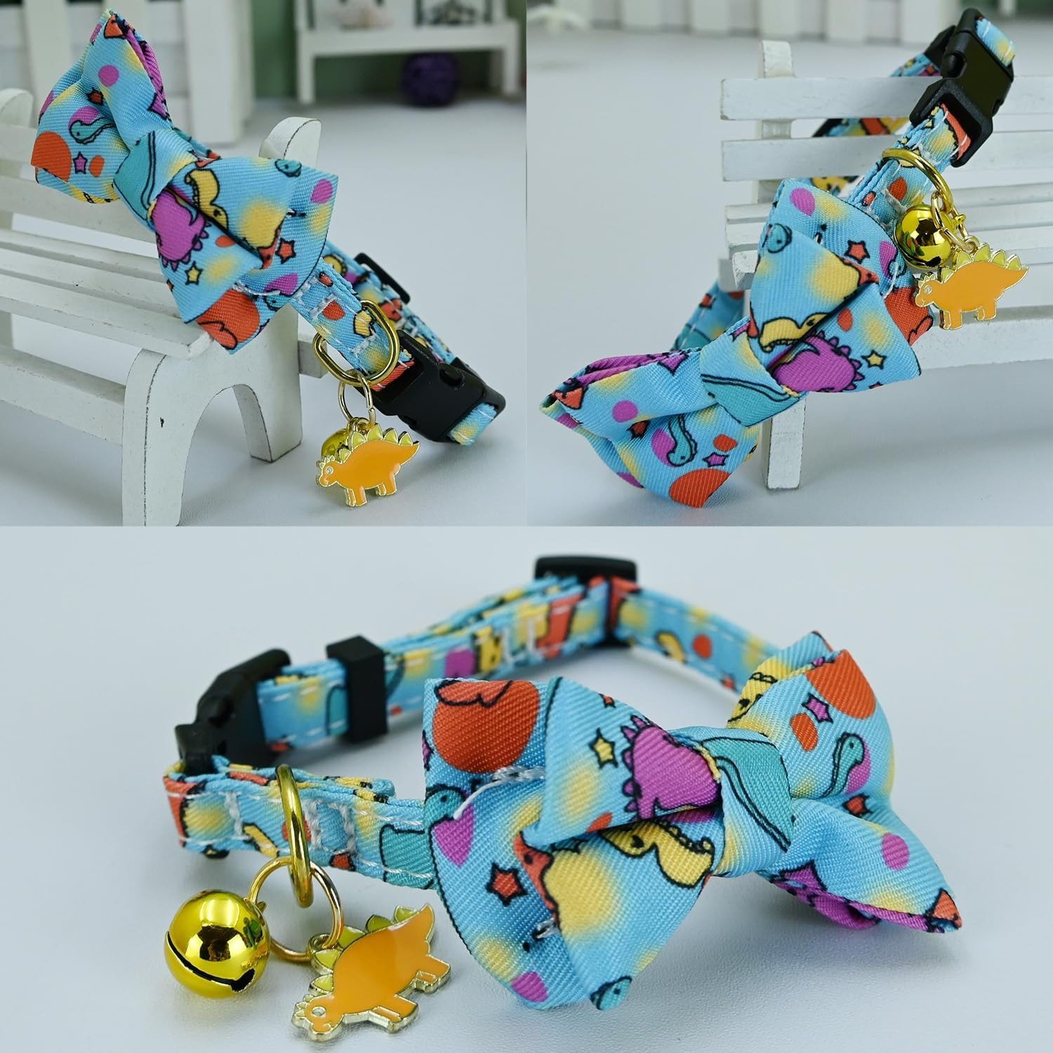 Newtensina Fashion 2 Pieces Cute Bee Dinosaurs Pattern Cat Collar with Bee Dinosaurs Pendant for Cats - Yellowblue image number 6
