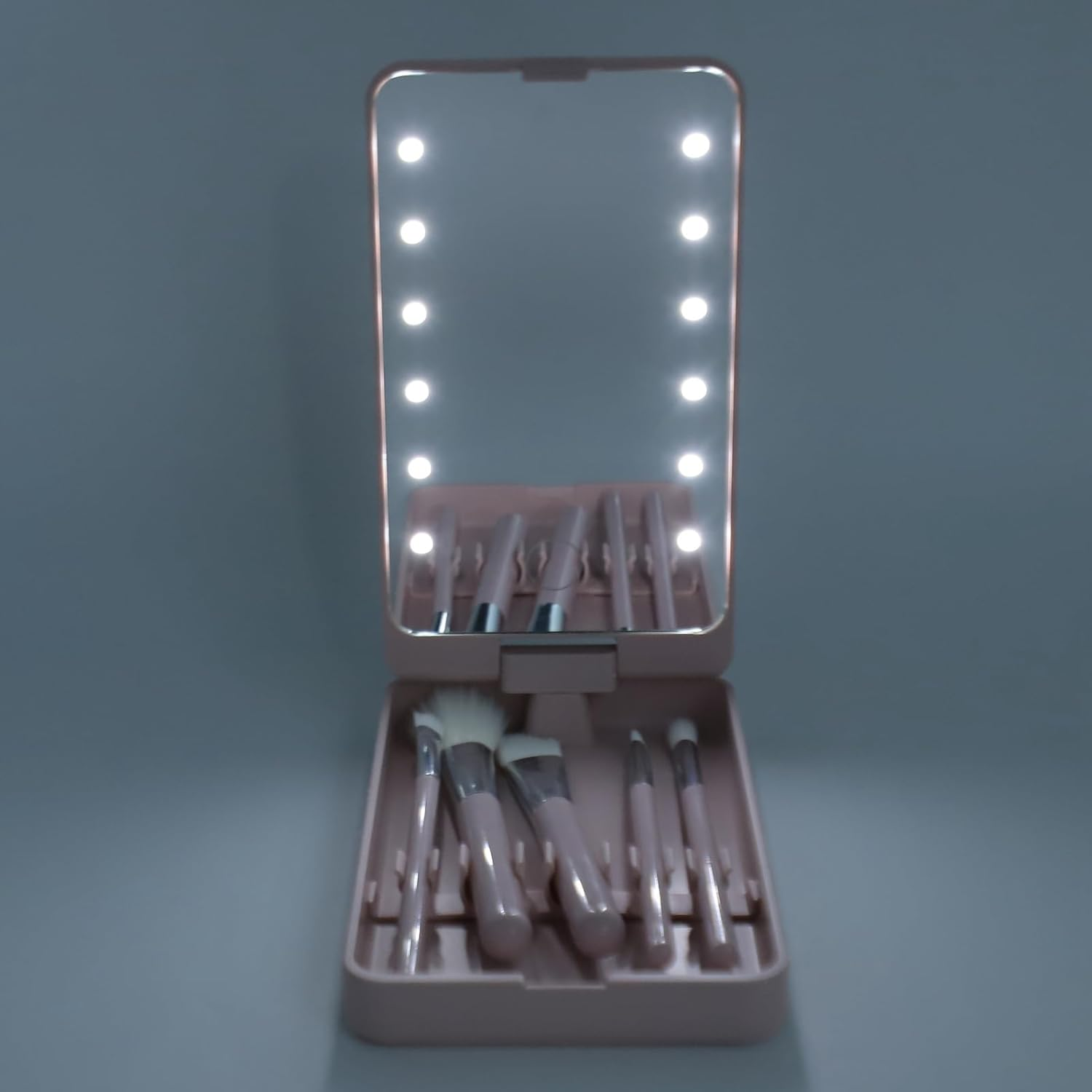 Travel Makeup Brush Set with LED Light Mirror, Cosmetic Makeup Brushes Kit with Holder Case and Mirror, Cosmetic Brushes Kit with Rotatable Foldable LED Mirror for Home Dormitory image number 1