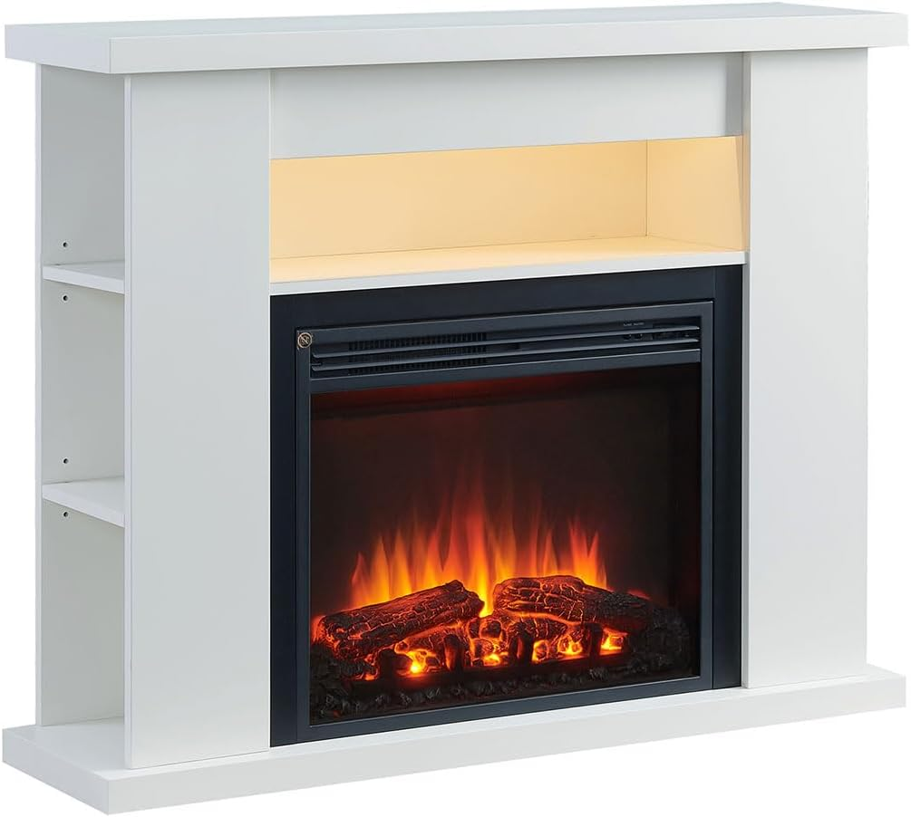 Modaliving Quartz 2000W Electric Fireplace Heater Mantel Suite Adjustable Shelves Mood Lighting Remote Control White or Rustic Dark Oak Finish (White) - White image number 4