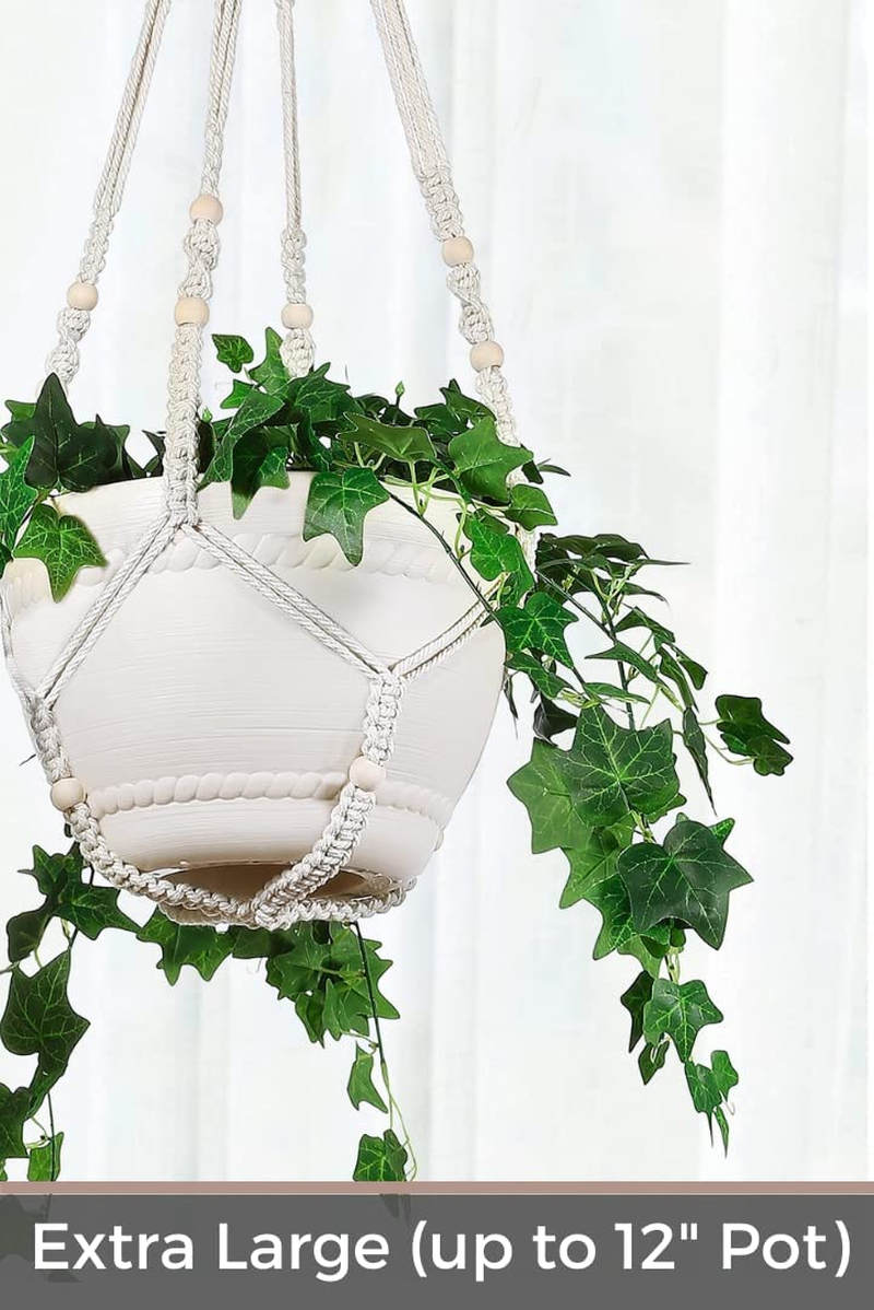 Shineloha 43 Inches Macrame Plant Hanger Large for up to 12 Inch Pot Extra Long + Hook | No Tassel, Cotton Rope Hanging Plant Holder with Swag Hook, NO Plant/Pot Included (White) image number 5