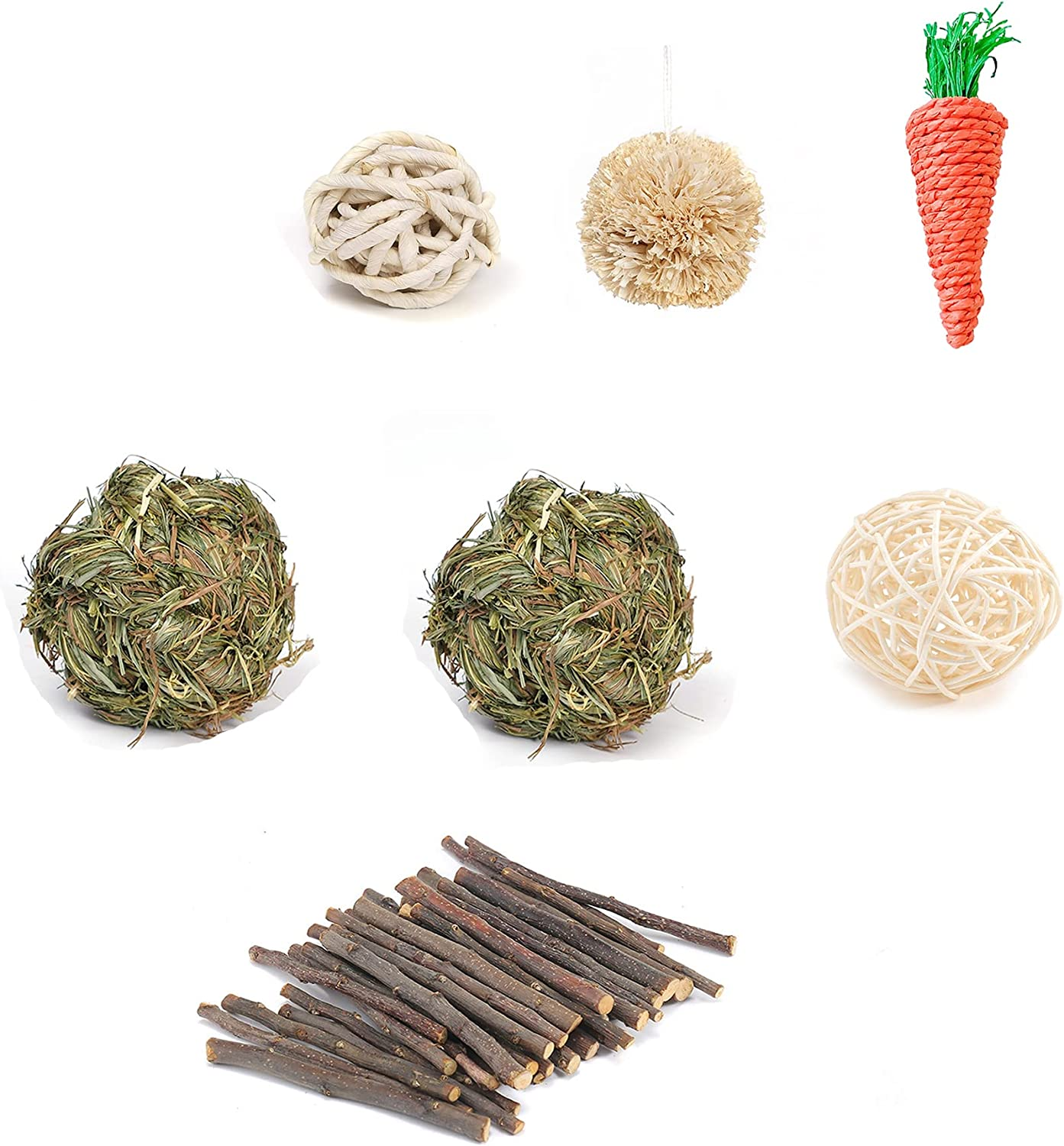 7 Pcs Natural Small Animal Chew Toy Set, Guinea Pigs, Natural Grass, Rattan, Carrot, Corn Sticks for Hamsters, Gerbils, Squirrels image number 3