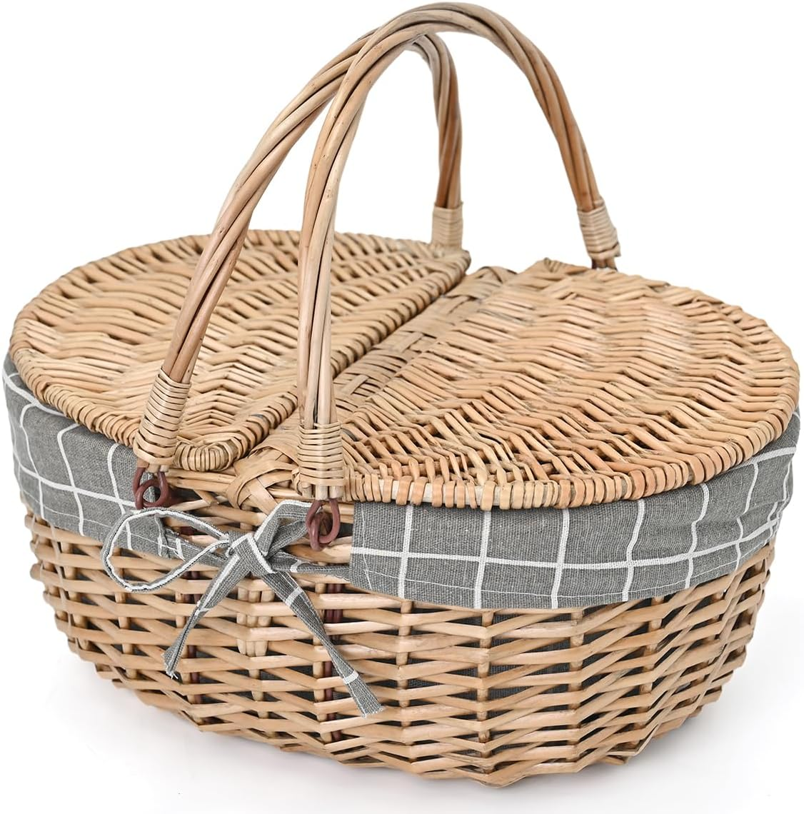 Wicker Picnic Basket with Removable Liner Empty Picnic Baskets with Lid for 2, Picnic Hamper with Foldable Handles for Picnic 2,Checkered