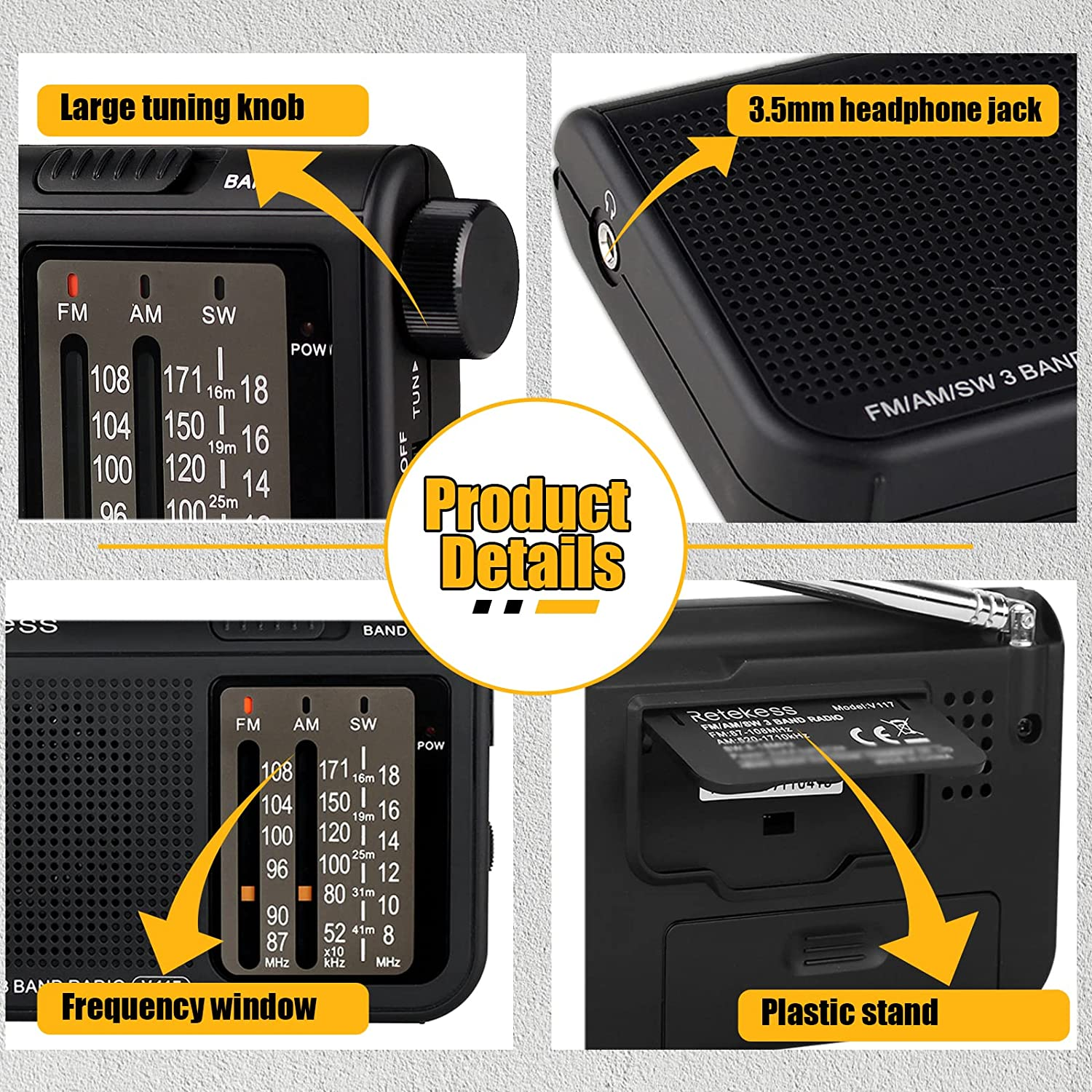 Retekess V-117 Portable AM FM Radio with Shortwave Battery Powered Transistor 3.5Mm Headphone Jack Speaker Small Compact Pocket Radios(Black) image number 4