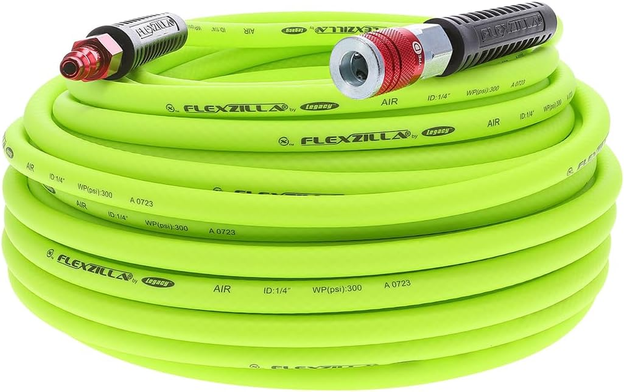Flexzilla Air Hose with Colorconnex Industrial Type D Coupler and Plug, 3/8 In. X 25 Ft., Heavy Duty, Lightweight, Hybrid, Zillagreen - HFZ3825YW2-D