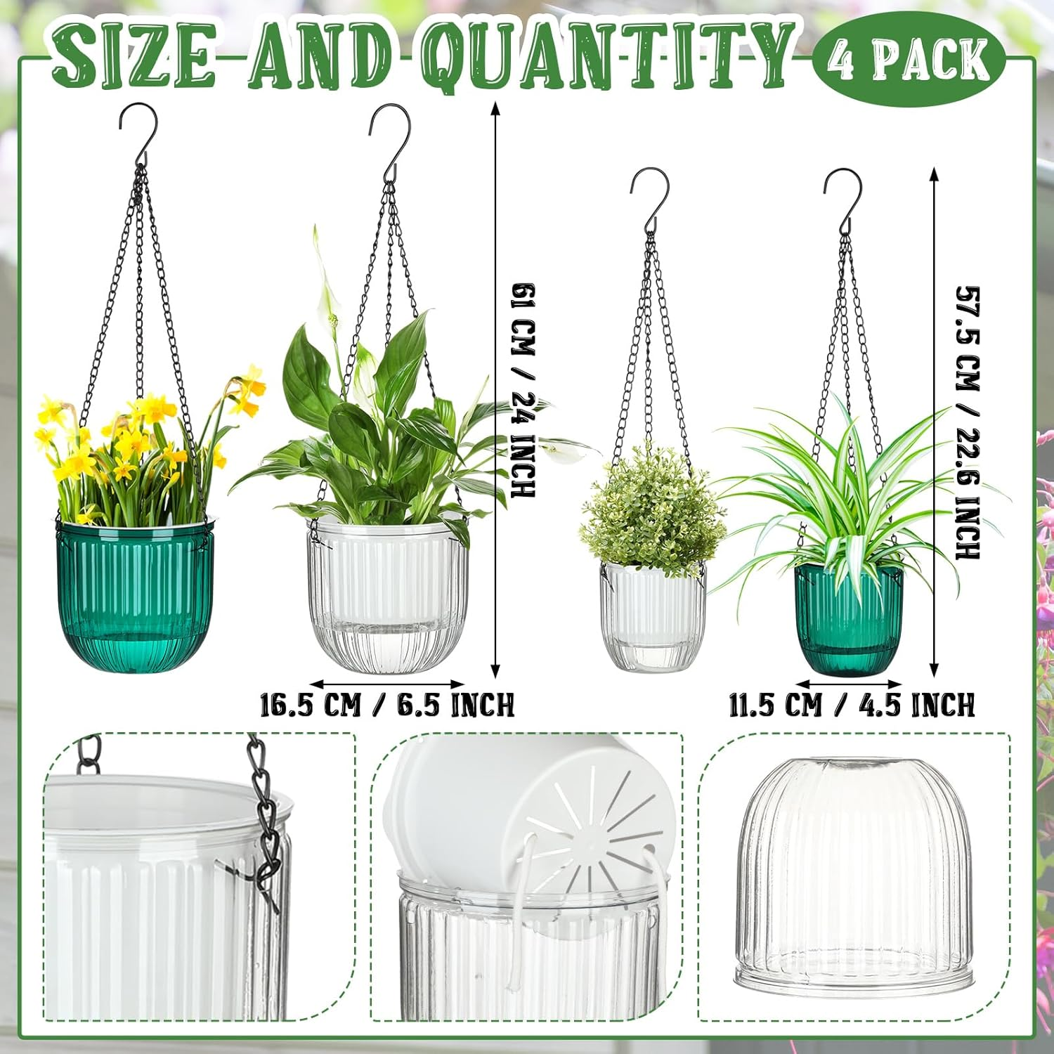 Maxcheck 4 Pcs Self Watering Hanging Planters Indoor Gift 6.5'' 4.5'' Hanging Flower Pots Baskets Outdoor Self Watering Plant with 3Hooks Drainage Holes for Home(Emerald,Clear) image number 3
