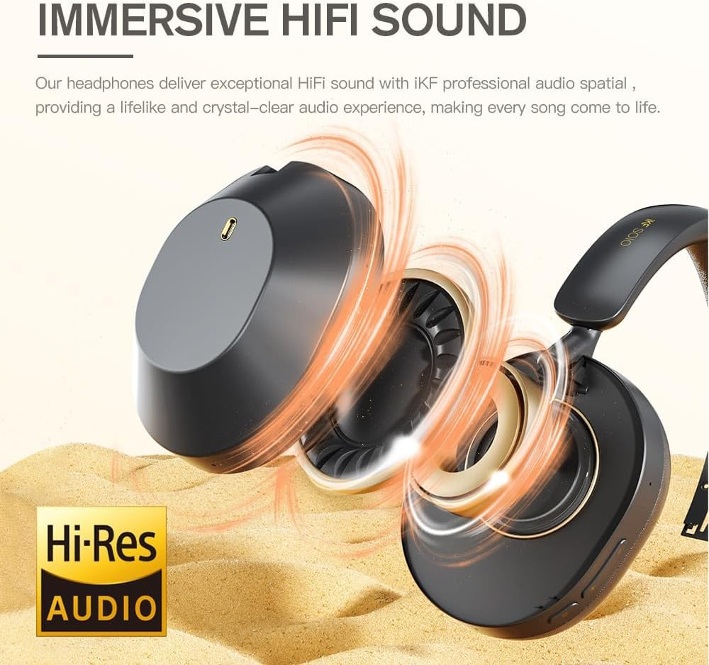 Ikf Solo Active Noise Cancelling, over Ear Bluetooth Headphones, Hi-Res Audio,130Hplaytime, Foldable Design, Wired Mode, Bluetooth V5.3 Headset with Mic, Transparent Modes for Travel（Black Gold） image number 6