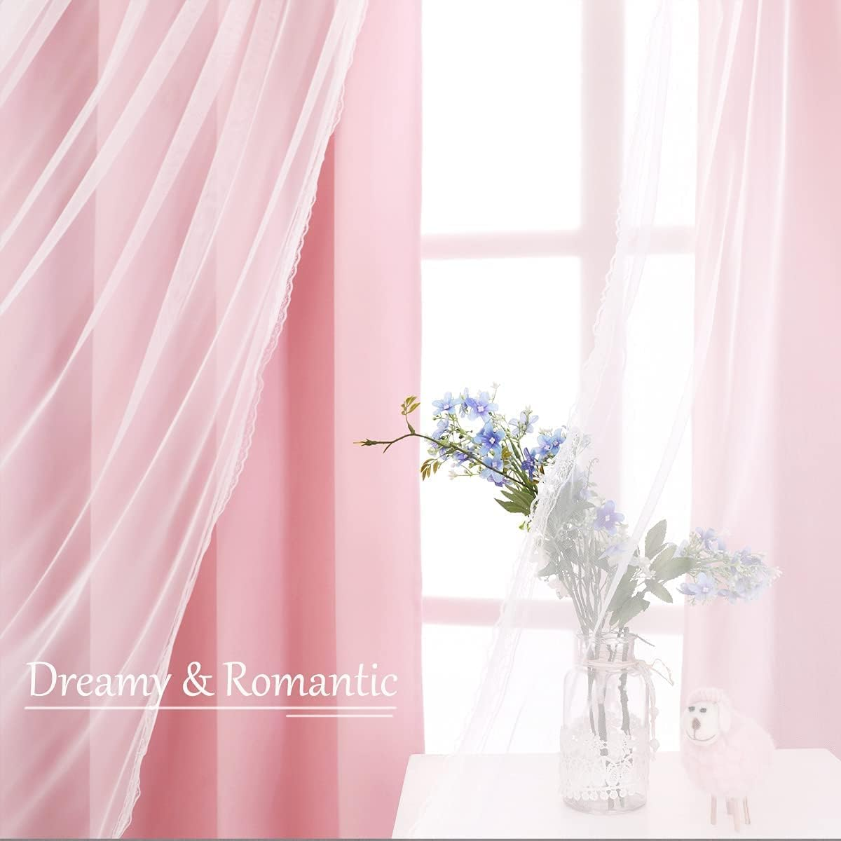 SOFJAGETQ Short Pink Curtains 63 Inch Long- Blackout Curtains with Voile Sheer Drapes Thermal Pink Window Treatments with Tie-Backs for Kids/Girls Bedroom Nursery Living Room, Elegant, 2 Panels image number 7