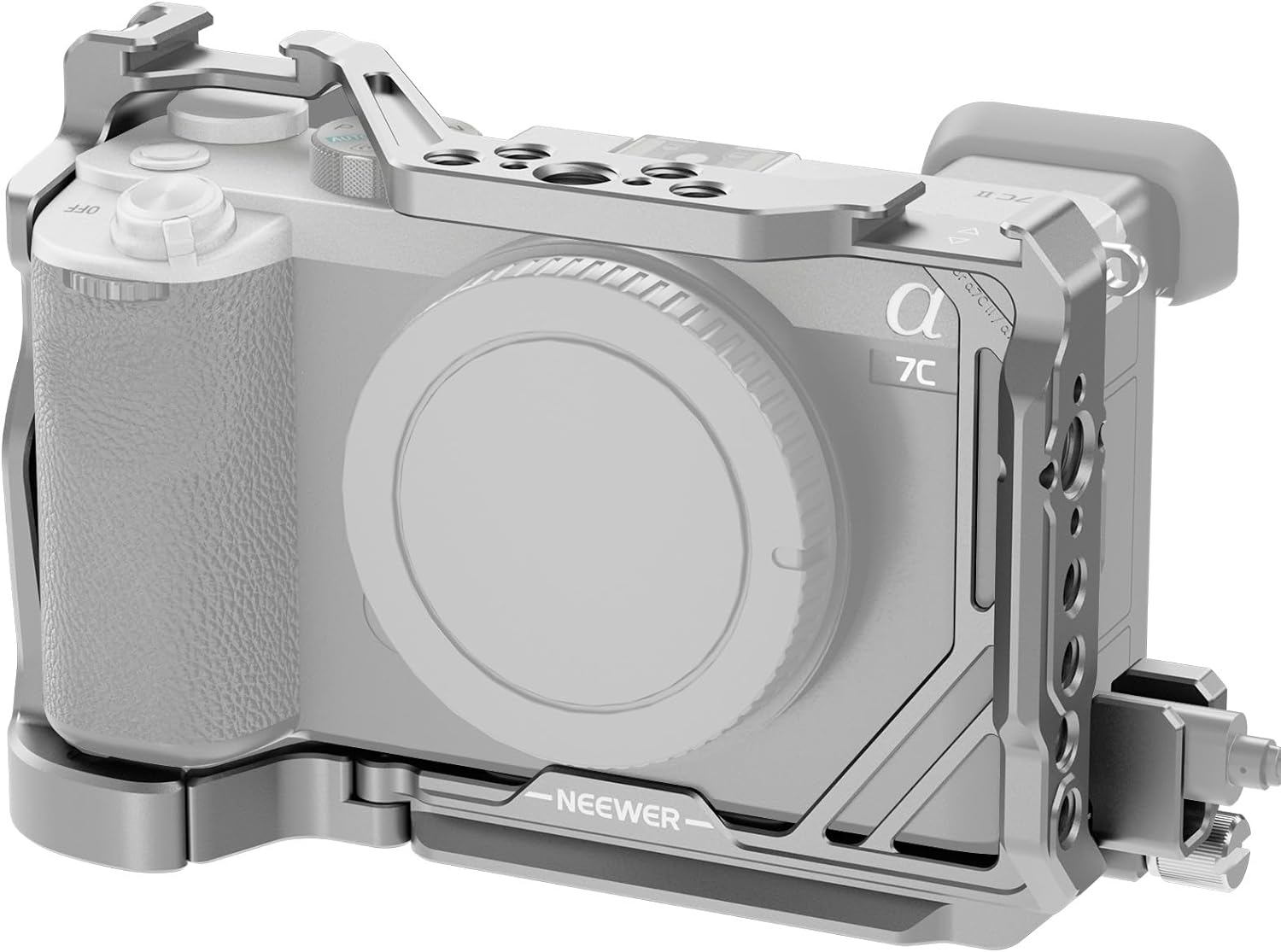 NEEWER A7C II A7CR Camera Cage, Aluminum Video Rig with QR Base Arca Type anti Slip Compatible with Sony DJI RS Gimbal, HDMI Cable Clamp, NATO Rail, Cold Shoe 3/8" ARRI 1/4" Thread, CA050 Silver image number 6