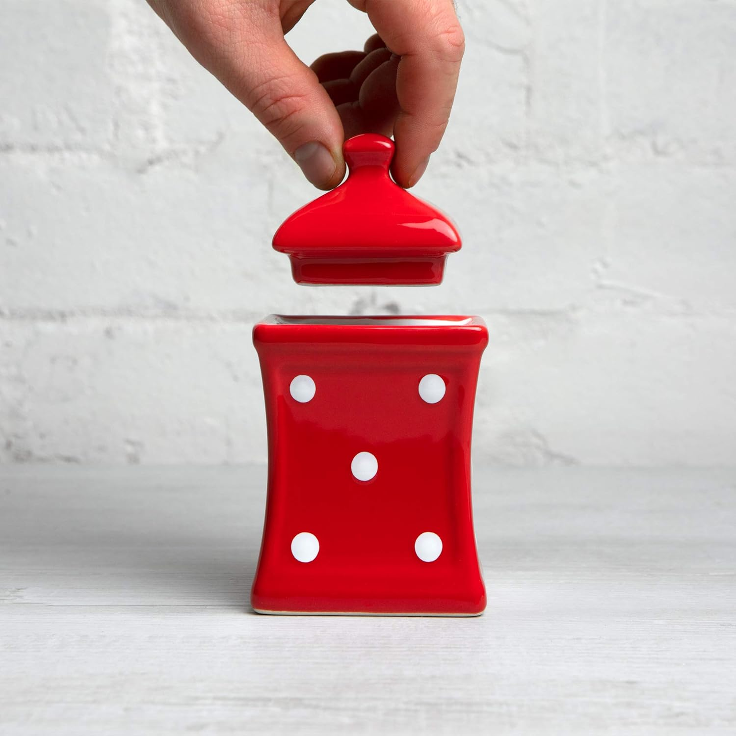 Handmade Small 5.3Oz/150Ml Ceramic Kitchen Herb, Spice, Storage Jar with Lid, Pottery Canister, Housewarming Gift by City to Cottage (Red Polka Dot) - Cream image number 6
