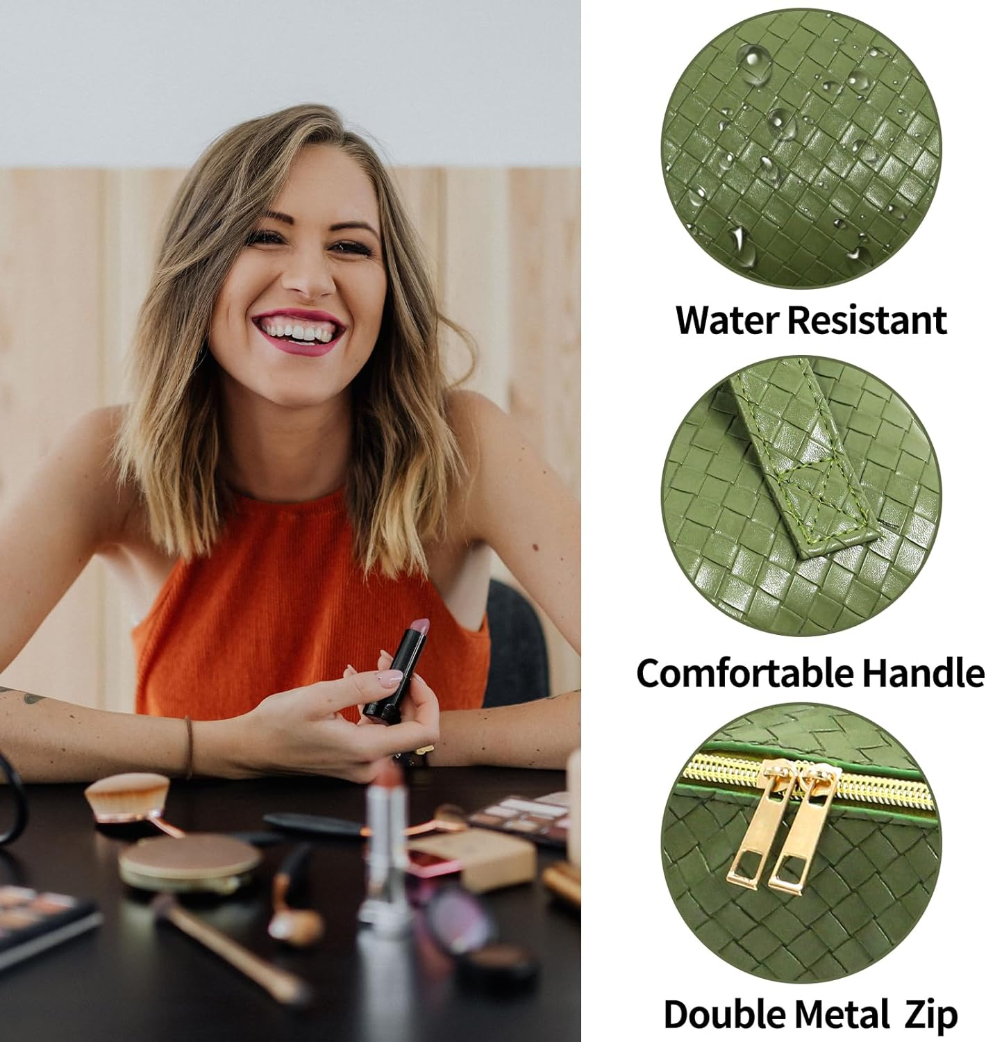 Makeup Bag, Leather Waterproof Women'S Portable Travel Makeup Bag, Large Capacity Travel Cosmetic Bag，With Handle and Divider Flat Lay Makeup Organizer Bag,Military Green image number 2