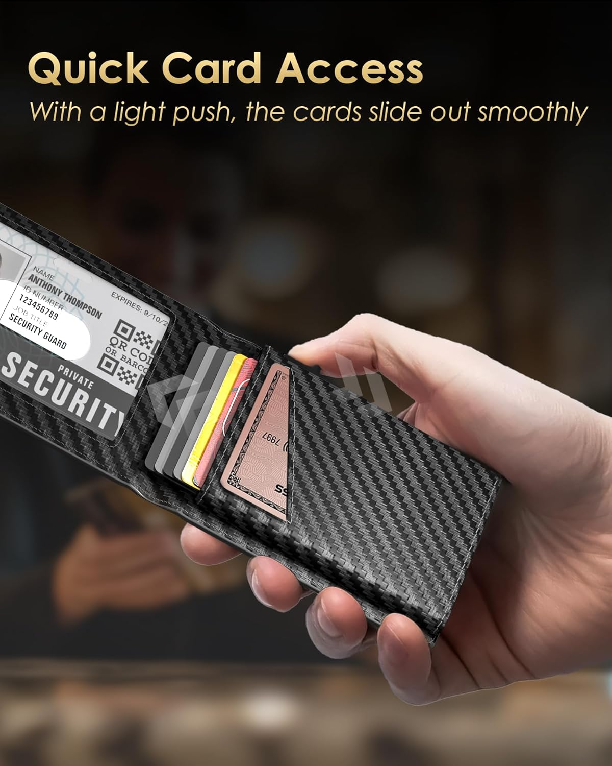 QLD Minimalist Wallet for Men - Slim RFID Blocking Bifold Credit Card Holder Leather Pop up Wallet Aluminum Case with Cash Slot, Front Pocket with ID Window, Gift Boxed, Carbon Fiber, Minimalist - Carbon Fiber image number 6