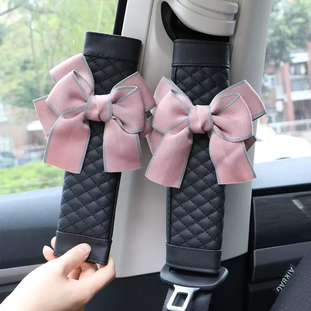 Zigihos Cute Bow Leather Car Seat Belt Cover Pads,2 Pcs & 4 Pcs Seat Belt Cover for Shoulder, Seatbelt Cushion, Car Seat Strap Pads, Seatbelt Covers for Women (Black,2)