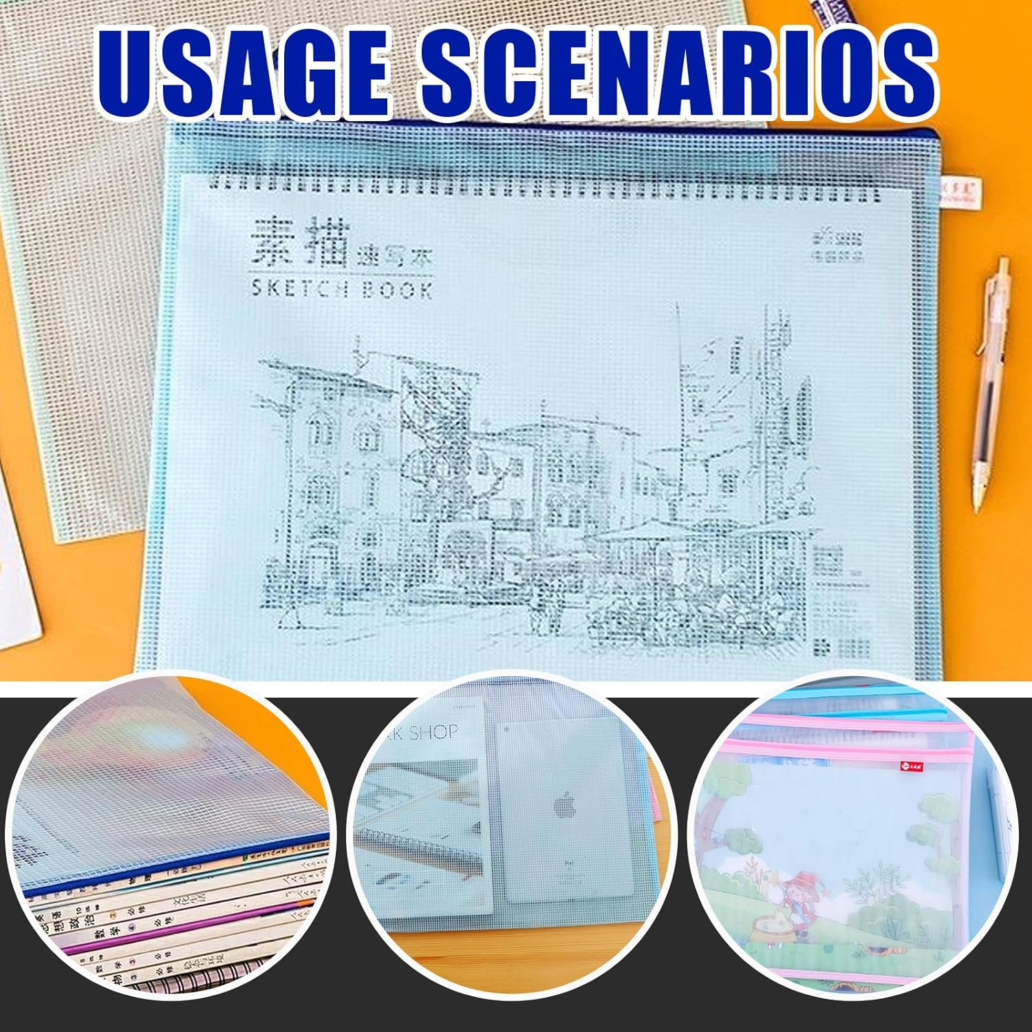 Glarks 7Pcs Art Portfolio Bag Set, 3Pcs 19 X 25 Inch Poster Storage Bag Organizer Transparent Bag with Zipper and Handle and 4Pcs A3 A4 Mesh Zipper Pouch Art Supply Bag Set for Artwork Bulletin Board image number 4