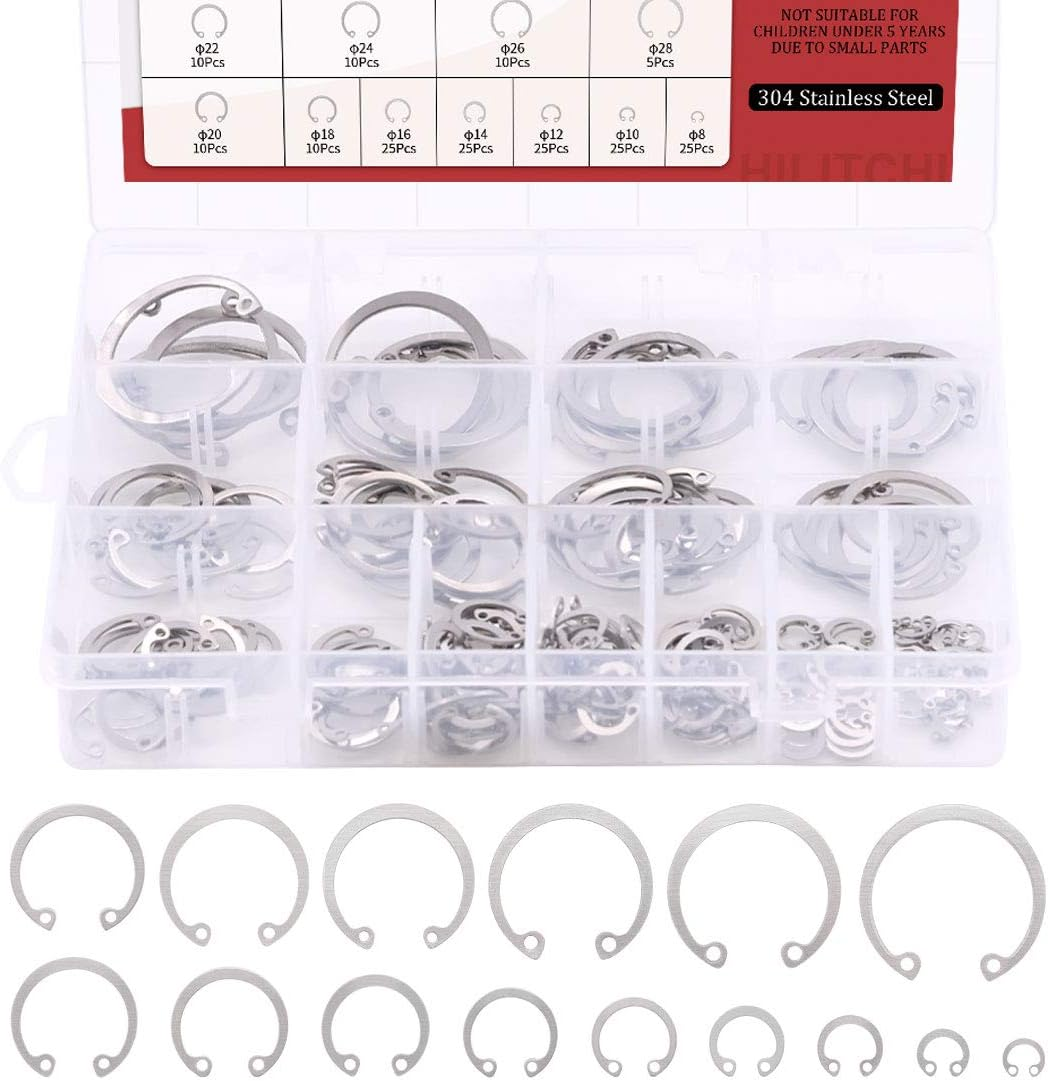 Hilitchi 200-Pcs [15-Size] Internal Circlip Snap Retaining Clip Ring Assortment Set - 304 Stainless Steel image number 2