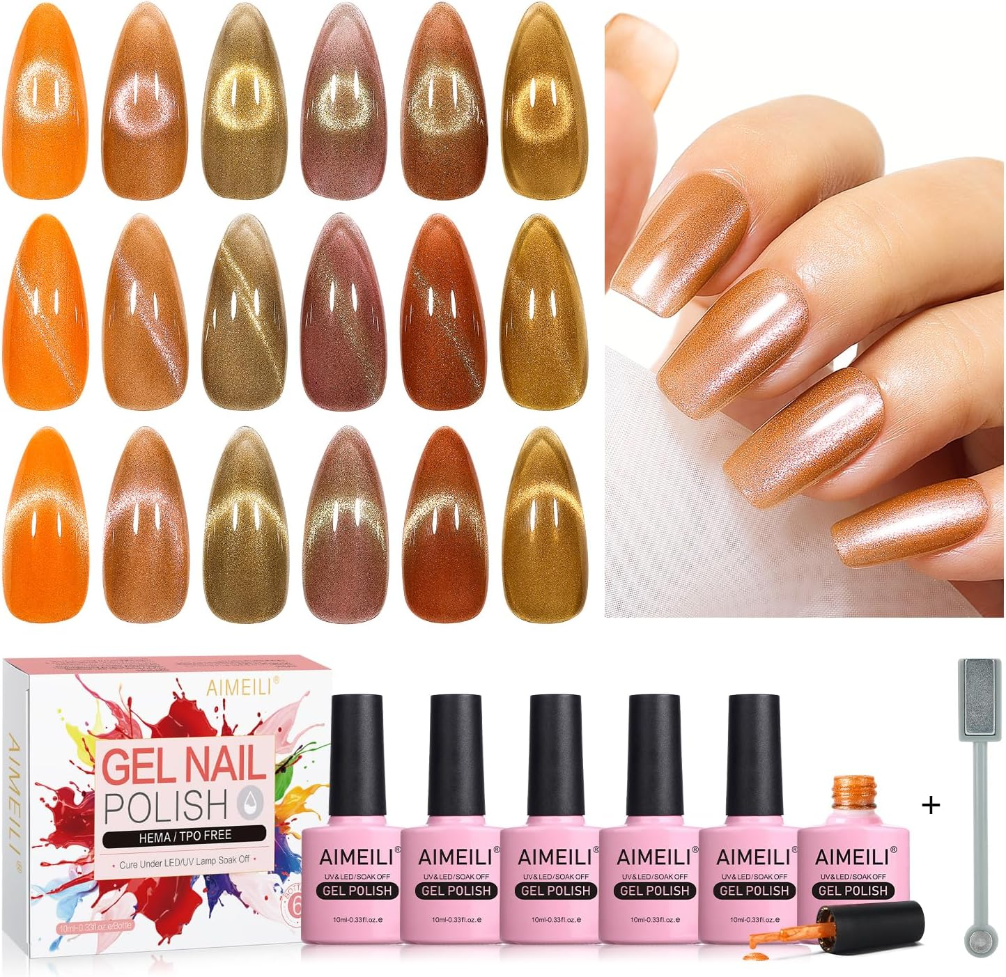 AIMEILI Cat Eye Gel Nail Polish U V LED Hema Free Cruelty Free Vegan Gel Polish Colors for Nail Art Kit Set of 6Pcs X 10Ml - Kit Set 71