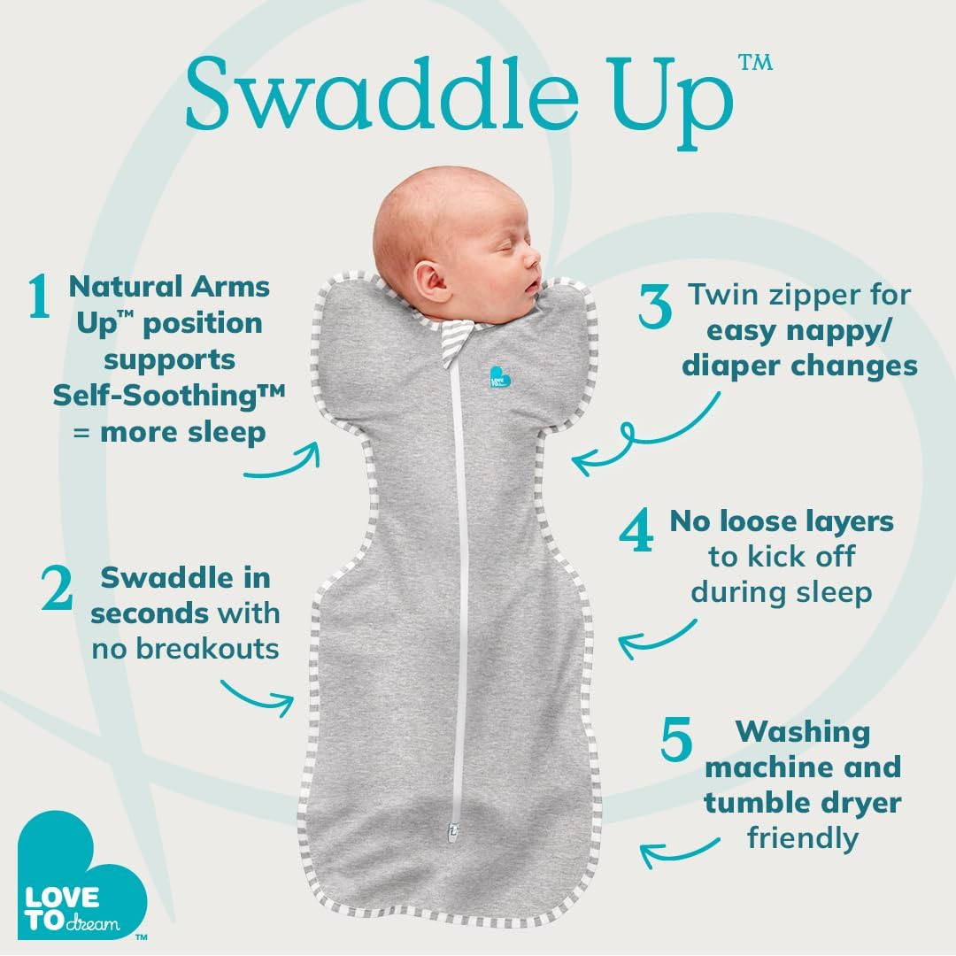Love to Dream Swaddle up Original, Small (3.5-6Kg), Ideal for Moderate Room Temperatures (20-24&deg;C), 1.0 TOG, Arms up Position, Twin Zipper for Easy Nappy Changes, Dusty Blue