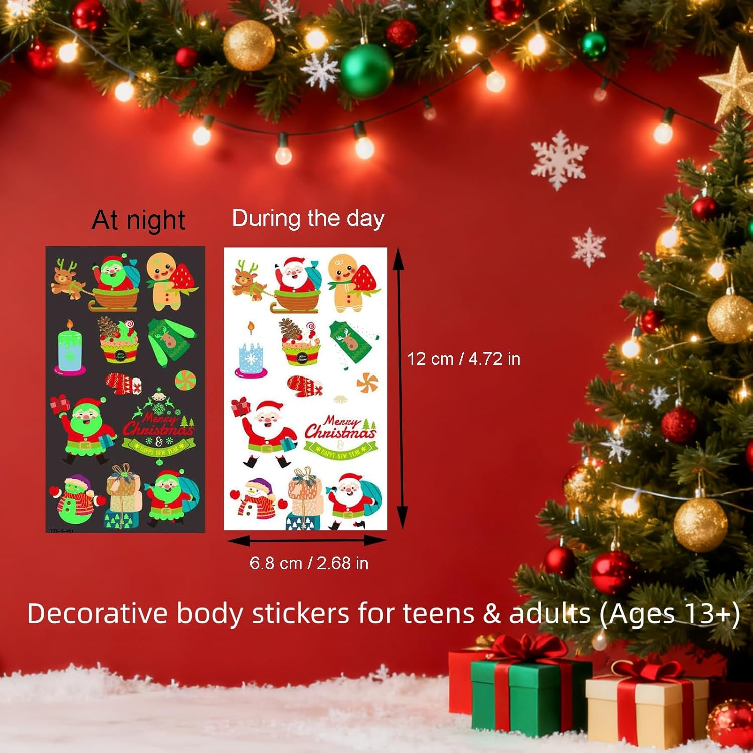 Luminous Christmas Temporary Tattoos 10 Sheets, 120 Pcs Glow in the Dark Xmas Body Stickers, Waterproof Holiday Decorative Tattoos, Party Decoration Accessories image number 1