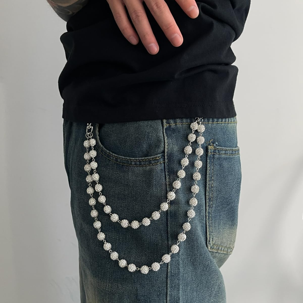 Pants Chain for Men Women Wallet Chain Rhinestone Waist Chain Hipster Street Jeans Chain Silver Keychain Pocket Bag Accessories Trendy Body Jewelry - White01 image number 3