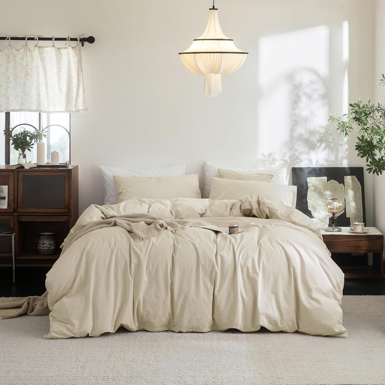 FOSSA Duvet Cover Set 100% Washed Cotton Linen Feel Super Soft Breathable Cozy 3 Pieces Bedding Sets Solid Sage Green Queen