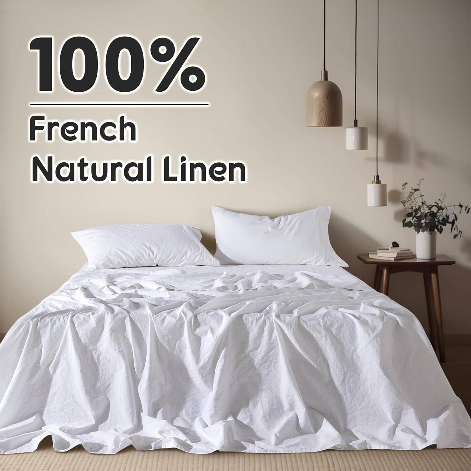 Shilucheng 100% French Linen Sheets - California King Size Bed Sheets, Breathable & Cooling Pure Linen Sheets,Soft Durable and Tear Resistant -16 Inch Deep Pocket - 4Pcs (White) image number 4