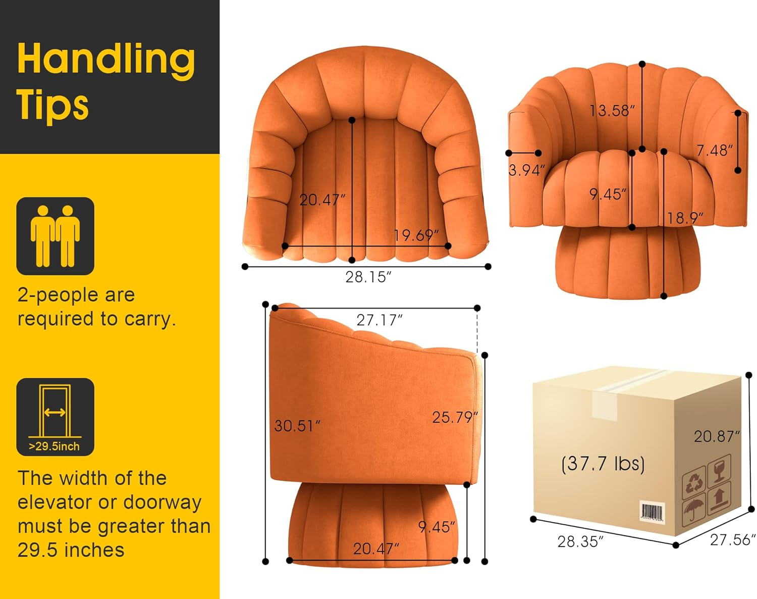 SEYNAR Mid Century 360 Degree Swivel Cuddle Barrel Accent Sofa Chairs, round Armchairs with Wide Upholstered, Fluffy Velvet Fabric Chair for Living Room, Bedroom, Office, Waiting Rooms, (Orange)