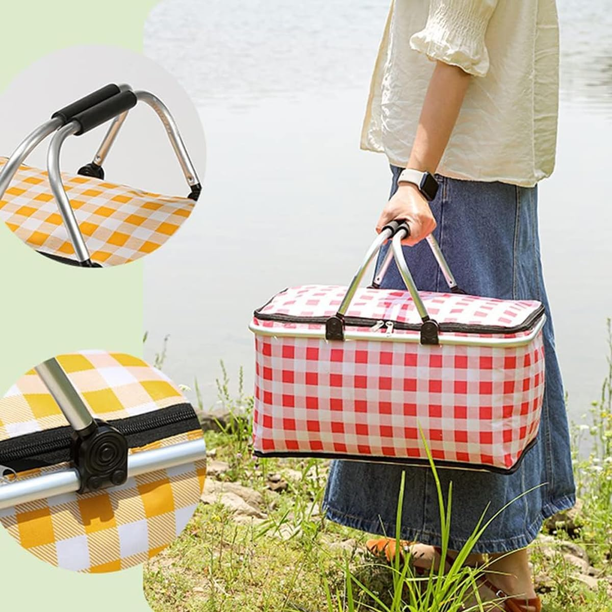 AIMALL Foldable Insulated Picnic Basket, Portable Shopping Basket for Outdoor Picnic, Camping, and Supermarket Use, Available in 6 Colours, 16.9 X 9 X 15.35 Inches image number 3
