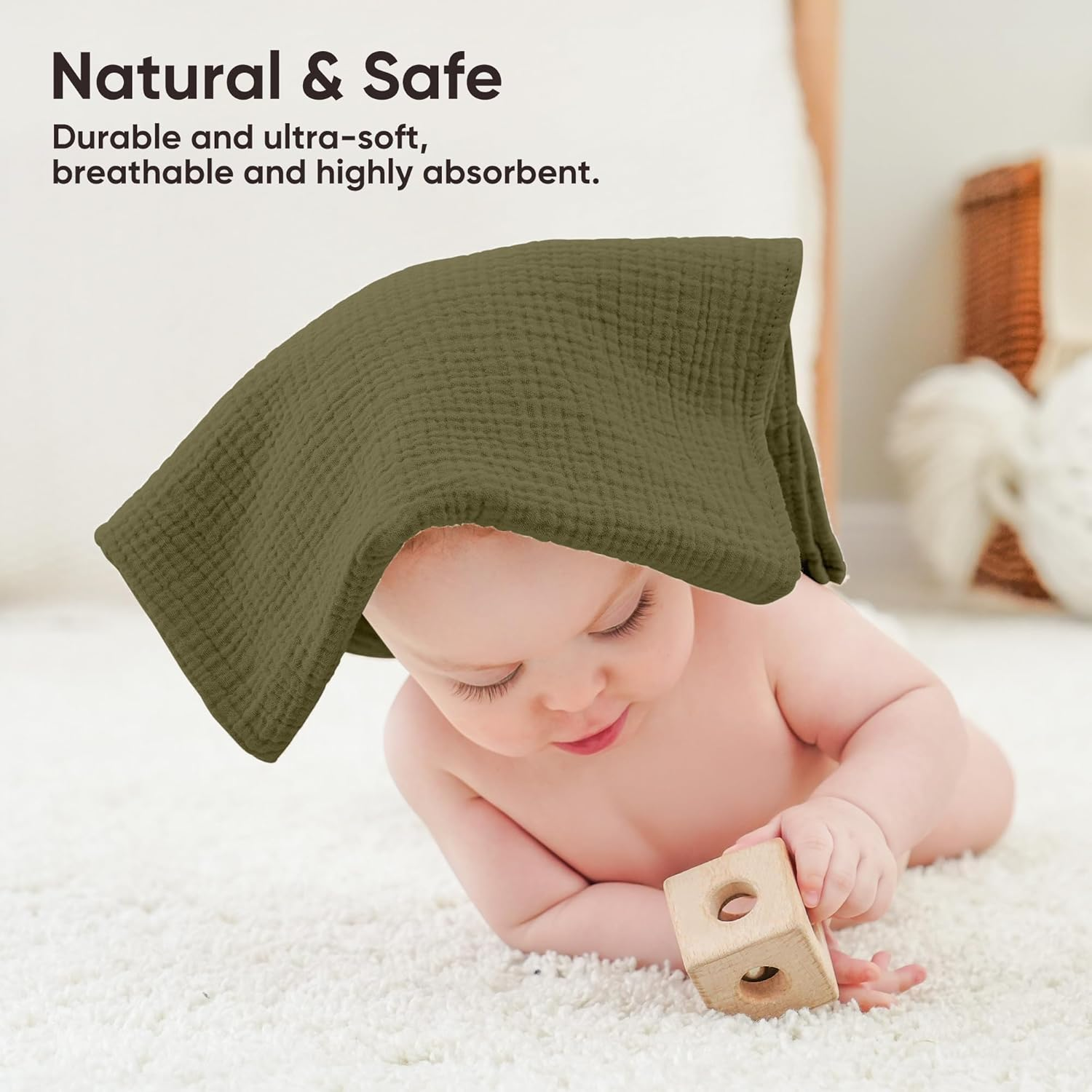 Bearmoss 100% Cotton Muslin Burp Cloths Sets 6 Pack Large Burping Clothes Extra Soft Absorbent 60X60Cm for Newborn Unisex Baby Girls and Boys (Gray Green)