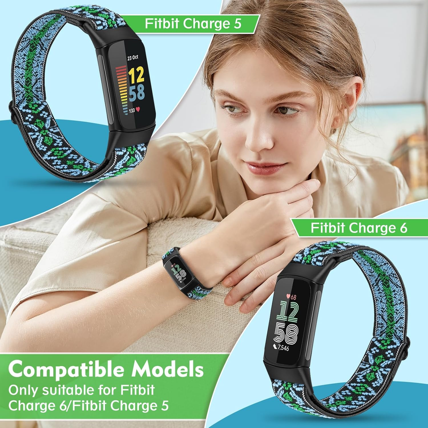 2 Pack Elastic Nylon Bands Compatible with Fitbit Charge 5/Charge 6 Adjustable Breathable Replacement Straps Soft Nylon Loop for Women Men - Black+Indigo image number 2