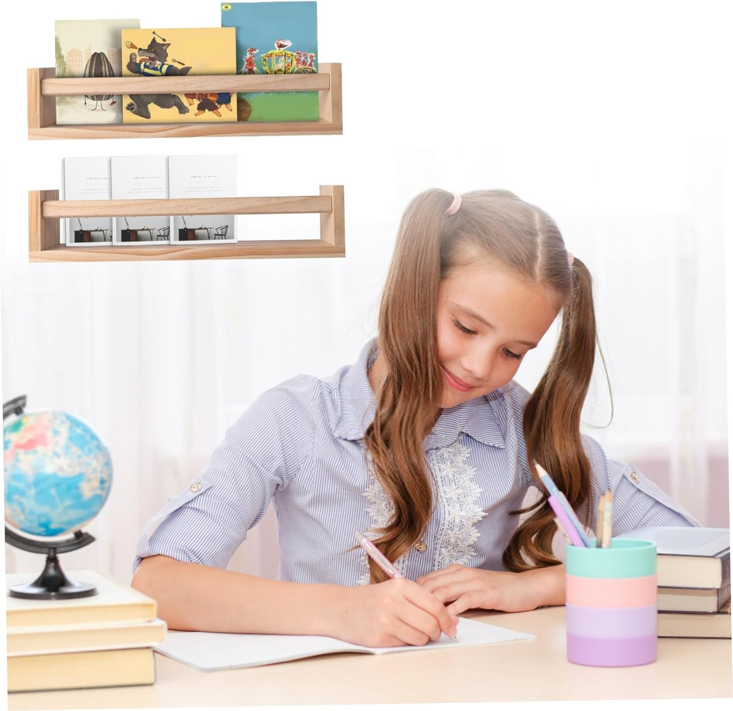 2 Piece Nursery Bookshelf,Childrens Room Floating Bookshelf,Wall Mounted Floating Bookshelf,Solid Nursery Bookshelf,Kitchen Bedroom Living Room Spice,Small Objects Placement Shelf(Natural Wood) image number 1