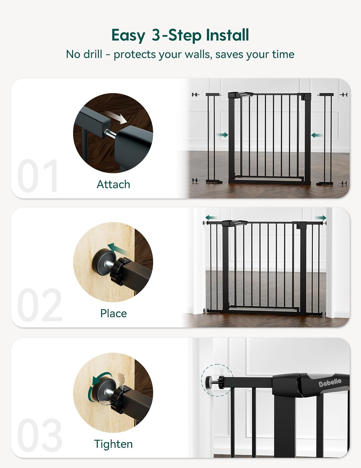 Babelio Metal Baby Gate, 29-48" Auto Close Easy Install Pet Gate, Extra Wide Walk Thru Child Safety Gate, Pressure Mounted Dog Gate for Doorways and Stairs, with Y Spindle Rods, Black image number 6
