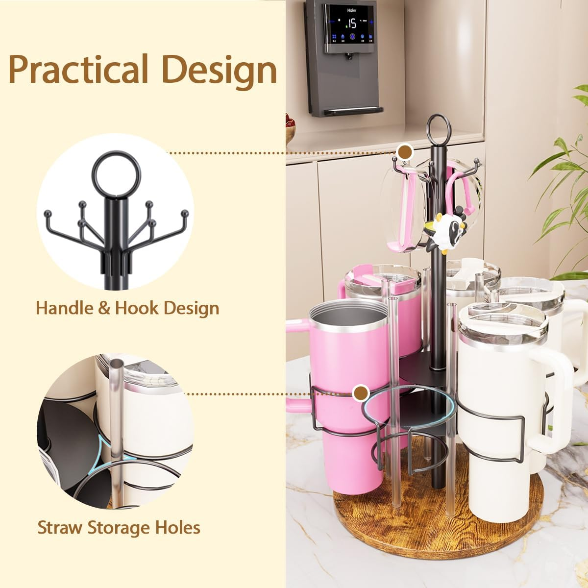 Blissify Water Bottle Organiser for Stanley 40Oz/30Oz Tumbler with Handle & Hooks, Rotating Stanley Cup Organizer Holder, Tumbler Storage Lazy Susan, Vintage Brown - Black image number 2