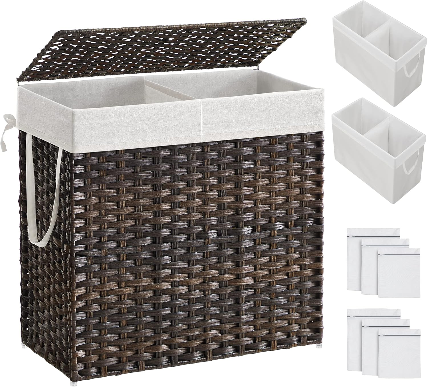 SONGMICS Laundry Hamper with Lid, 130L Clothes Hamper with 2 Removable Liner Bags & 6 Mesh Bags, Wicker Laundry Basket, Double Laundry Hamper for Bathroom, 13 X 26 X 23.6 Inches, Natural ULCB253N01