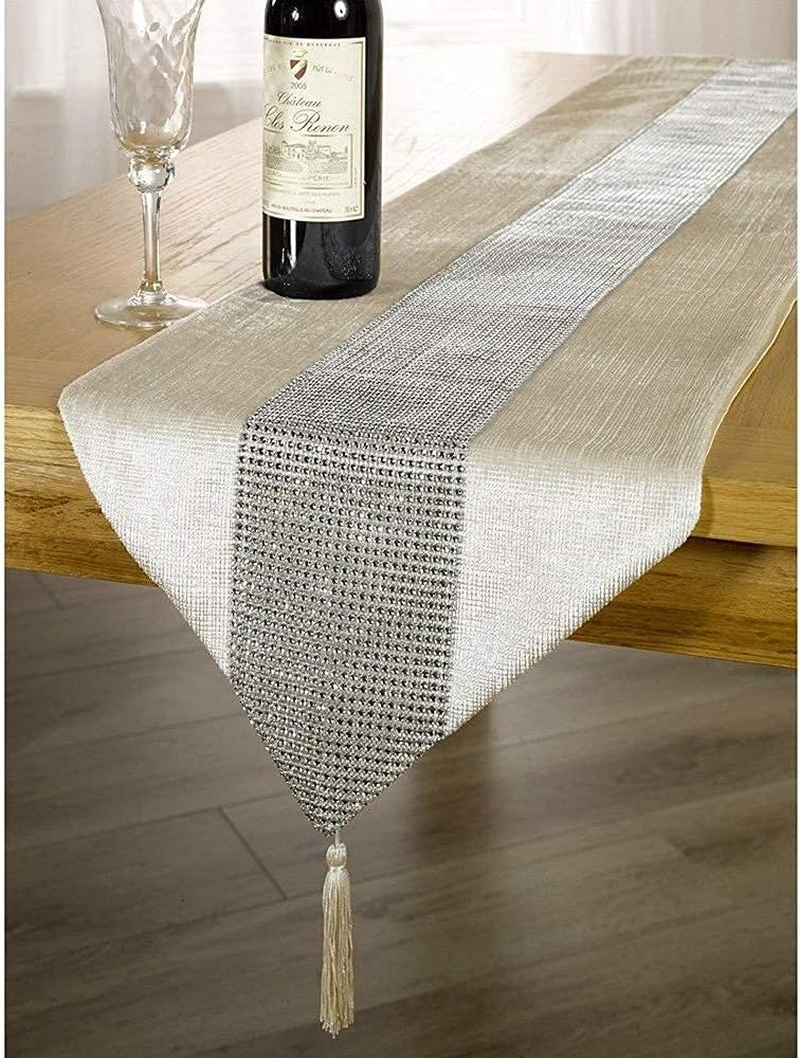 (Red) - (TM 33Cm X 180Cm Table Runner with Diamante Strip and Tassels (Red)