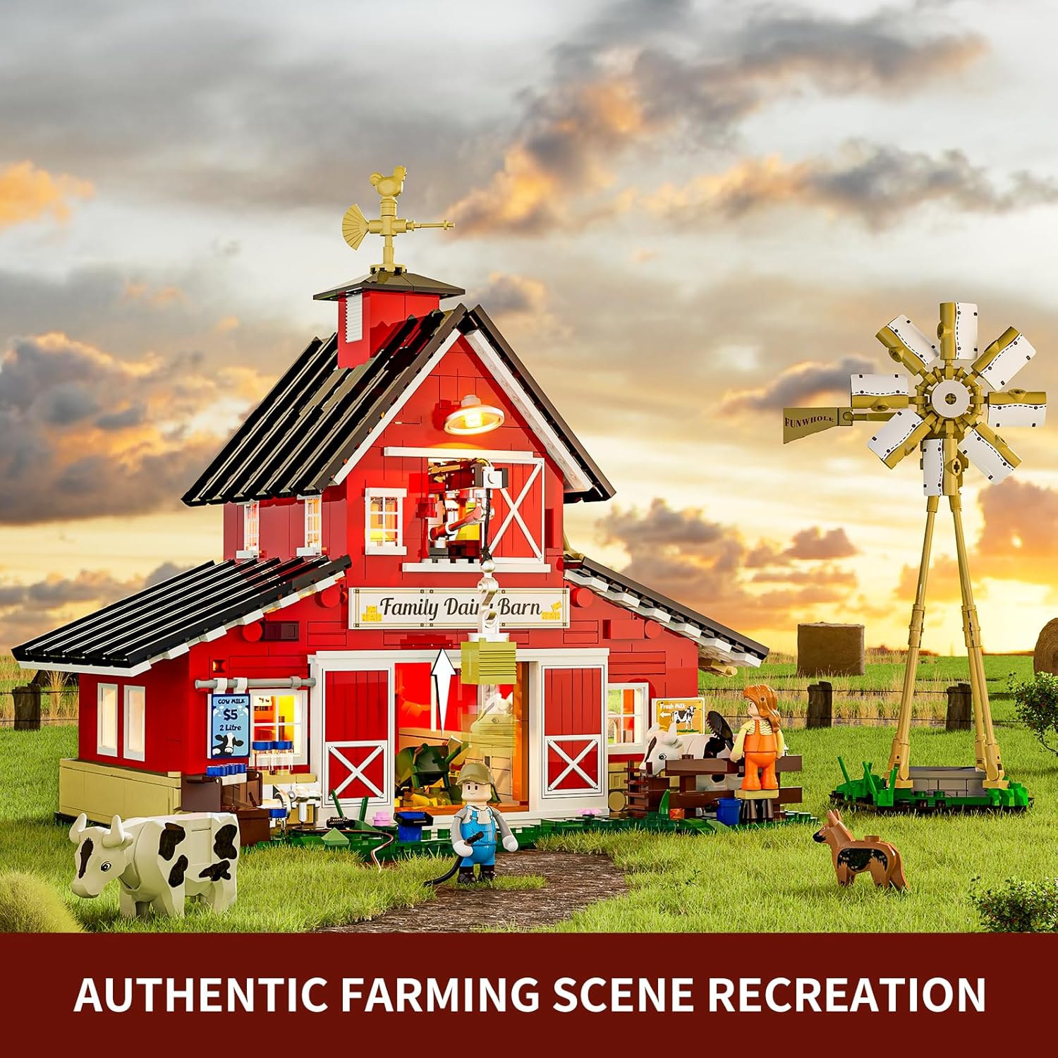 FUNWHOLE Farm Cow-Barn Lighting Building-Bricks Set - Farm Life Cow Barn House Collection LED Light Building Construction Set 1368 Pcs for Adults and Teen image number 4