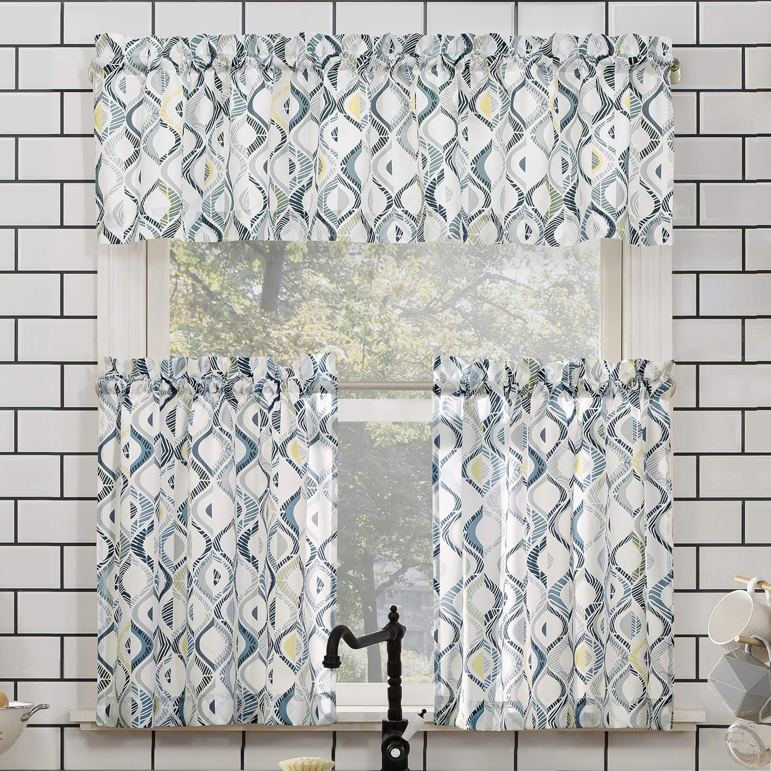 No. 918 Barker Geometric Semi-Sheer Rod Pocket Kitchen Curtain Valance and Tiers Set, 54" X 36", White image number 1