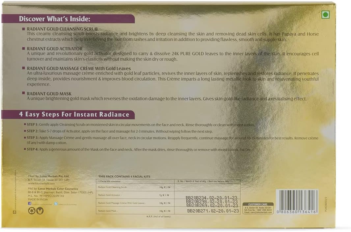 Lotus Herbals Radiant Gold Facial Kit for Instant Glow with 24K Pure Gold & Papaya,4 Easy Steps (Single Use)