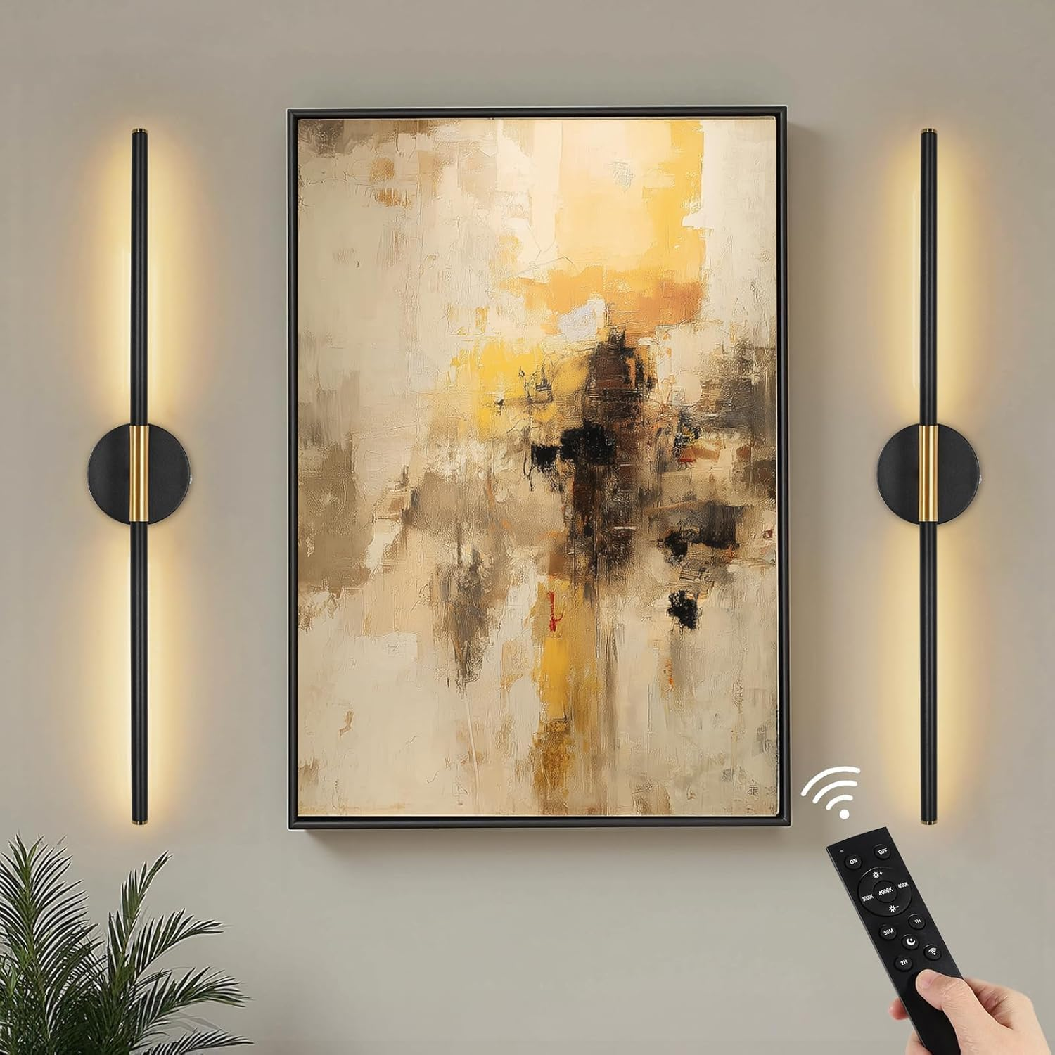 Battery Operated Wall Sconces Set of Two, 360&deg;Rotate Wireless Rechargeable Wall Sconces with Remote Control, Black Gold, Dimmable, Timing Decor Lights for Bedroom Hallway, 28.5 Inch image number 3