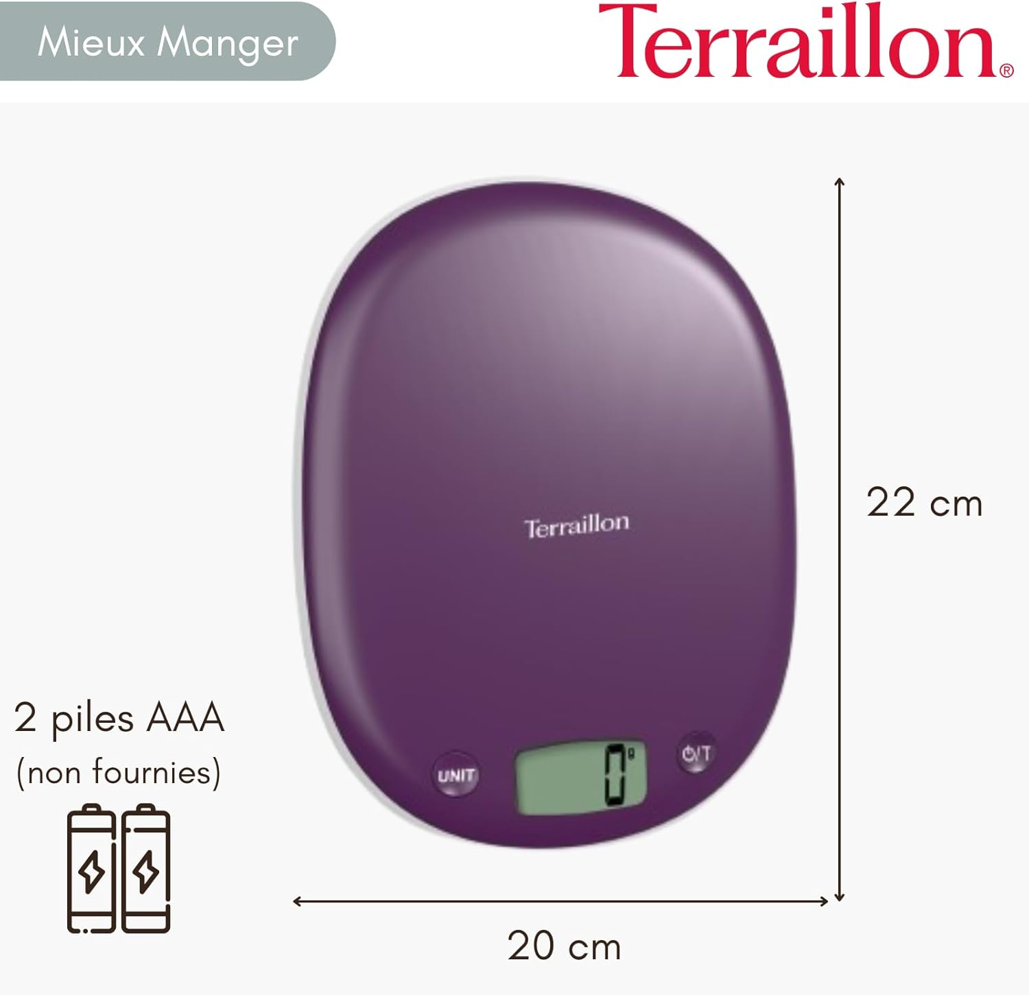 TERRAILLON Electronic Kitchen Scales - Tare Liquid Conversion, Integrated Handle, Weighing Range 5Kg, Accuracy 1G - Model 'Macaron INOX' Plum