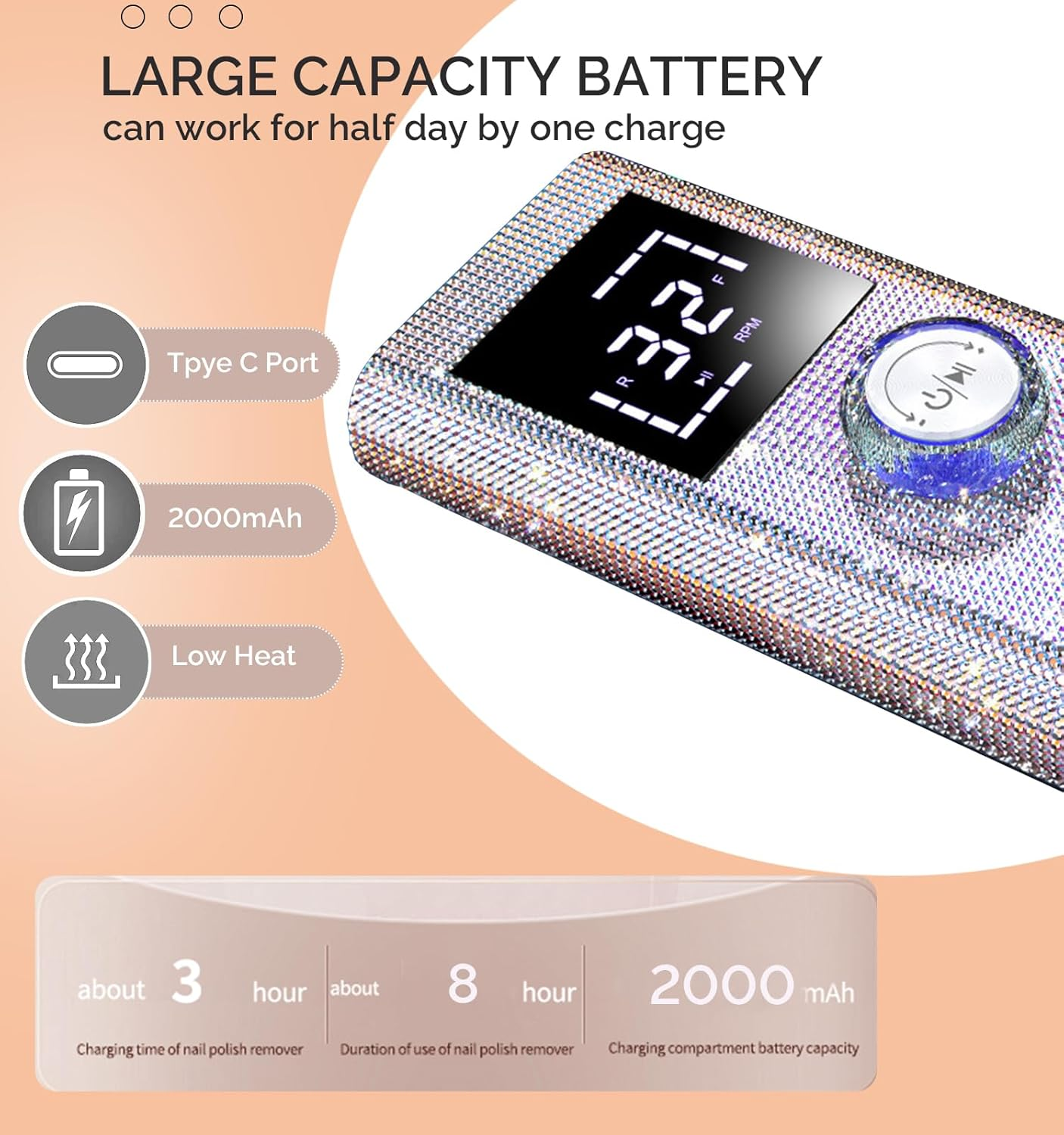 Cordless Nail Drill Machine ,OBEEGOO Diamond Surface Rechargeable Nail Drill 35000RPM Portable Electric E File Electric Acrylic Nail File Tools for Gel Nail ,Nail Beauty Salon (Diamond)