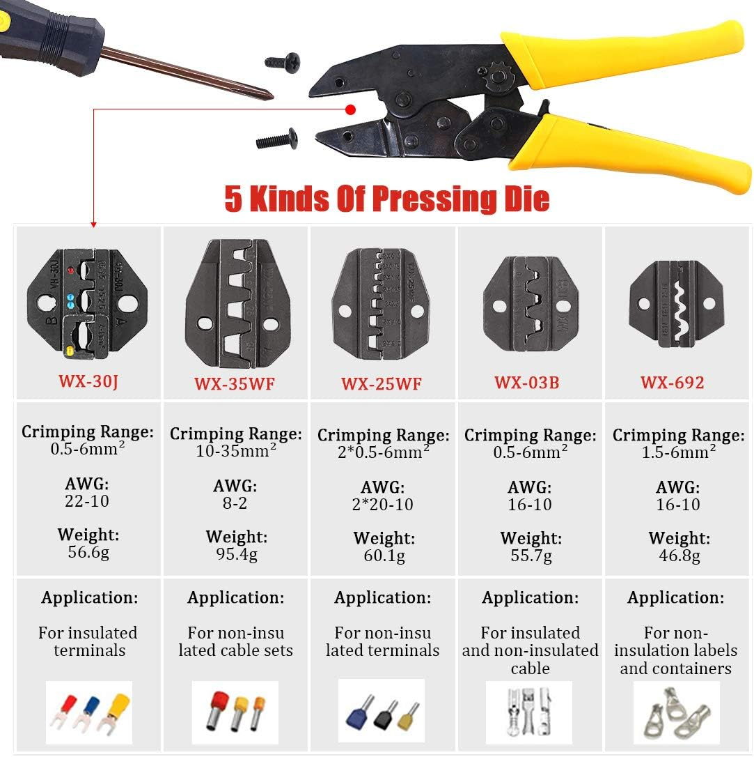 Hilitchi 4 Pcs Wire Crimping Tool Kit Terminal Ratchet Plier with 5 Interchangeable Dies, Wire Cutter/Stripper, Screwdriver, Terminal Removal Tool Key for Insulated Non-Insulated Terminals or Ferrules image number 4