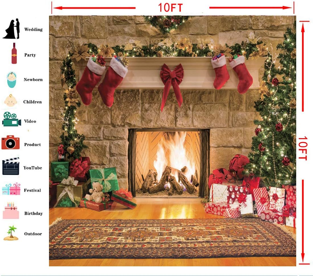 CYLYH 10X10Ft Christmas Backdrops Christmas Fireplace Theme Backdrop Tree Sock Decorations for Xmas Party Supplies Photo Background Pictures Banner image number 4